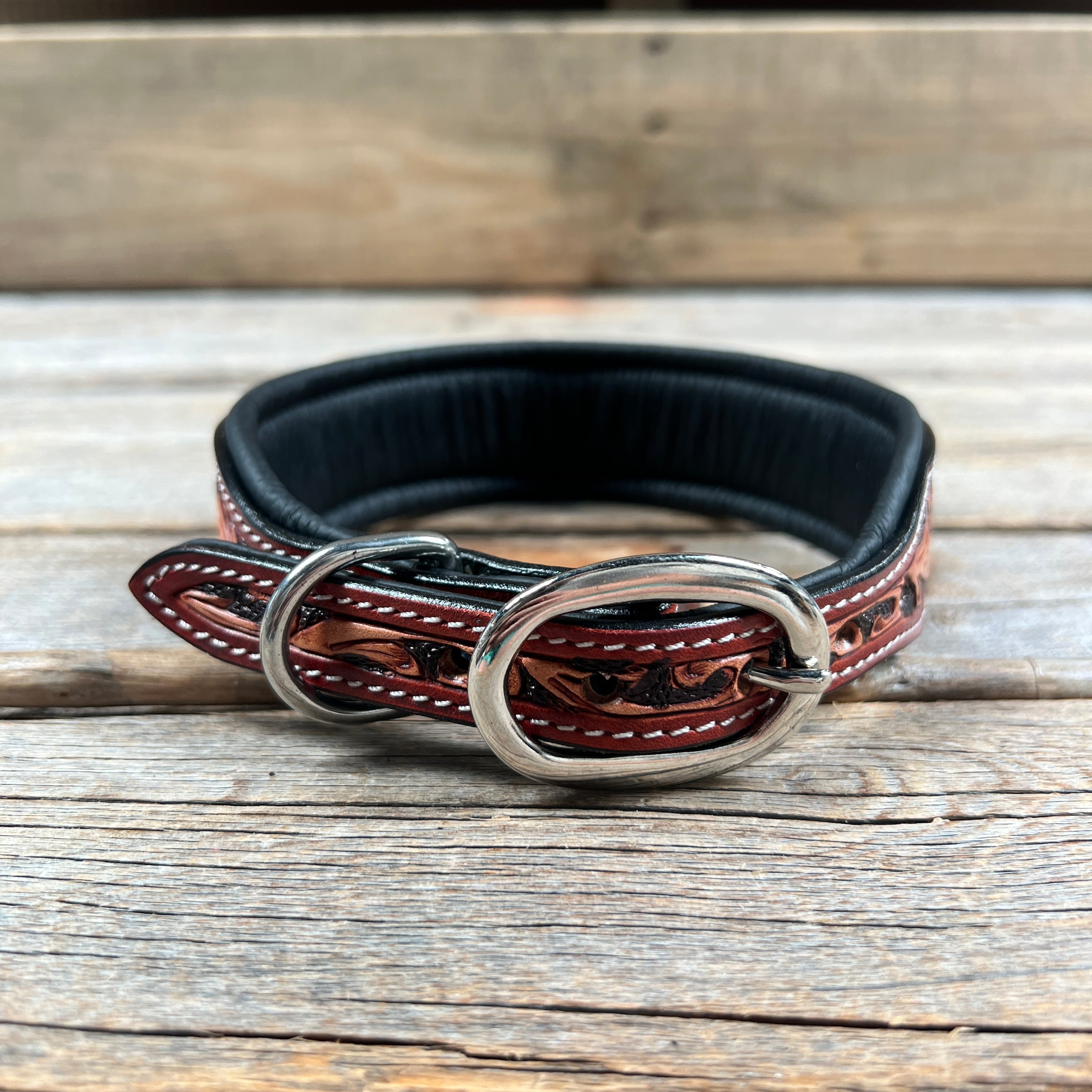 Tooled Blue and White Genuine Leather Beaded Dog Collar #DC440