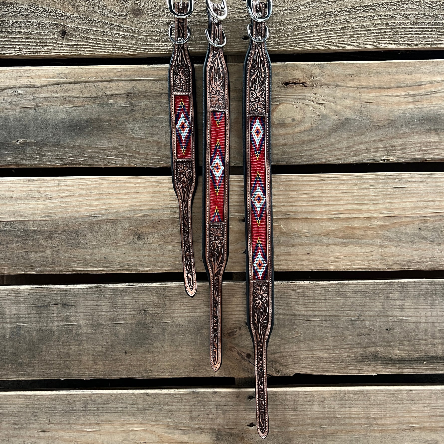 Tooled Red Genuine Leather Beaded Dog Collar #DC439