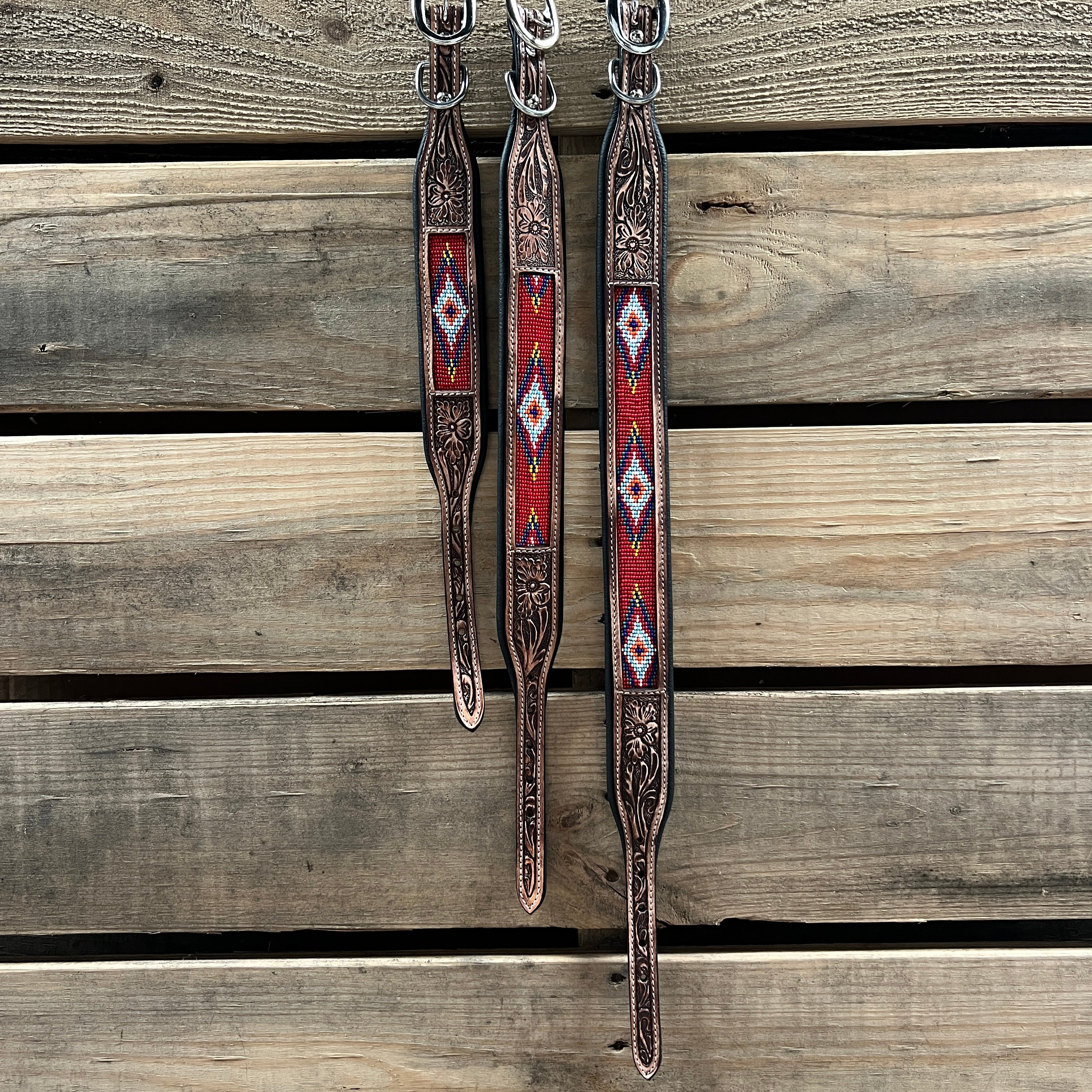 Tooled Red Genuine Leather Beaded Dog Collar #DC439
