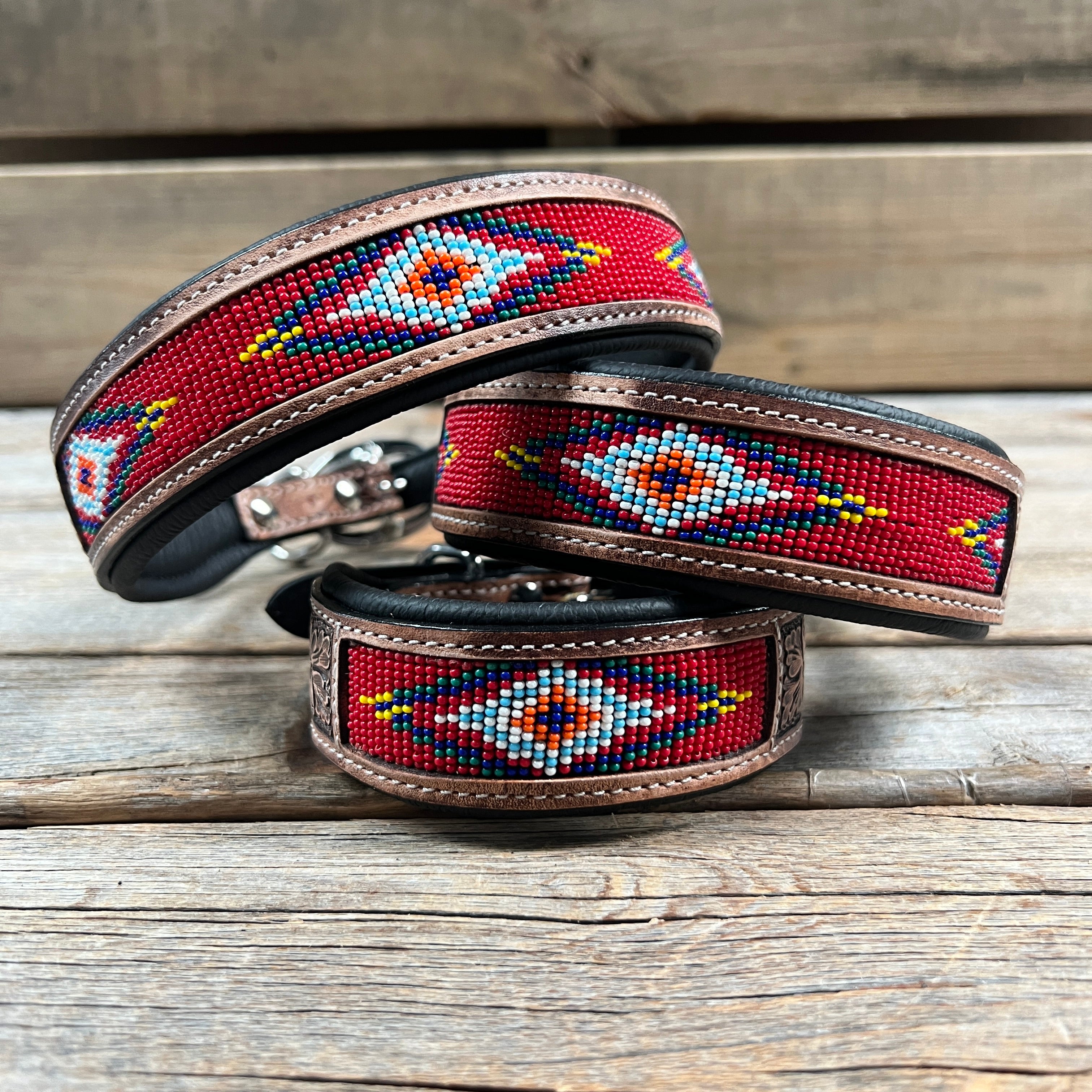 Tooled Red Genuine Leather Beaded Dog Collar #DC439