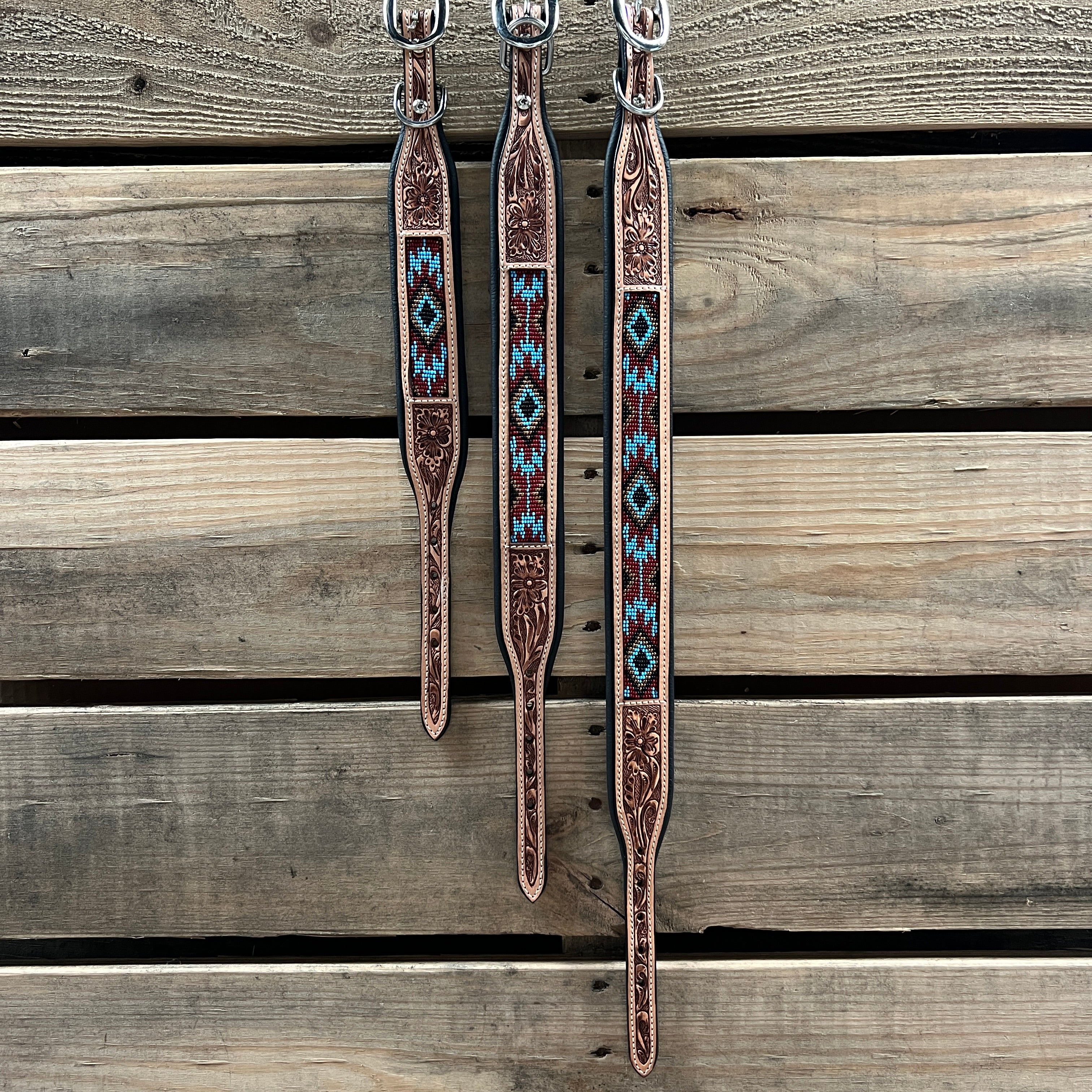 Tooled Brown and Blue Genuine Leather Beaded Dog Collar #DC438