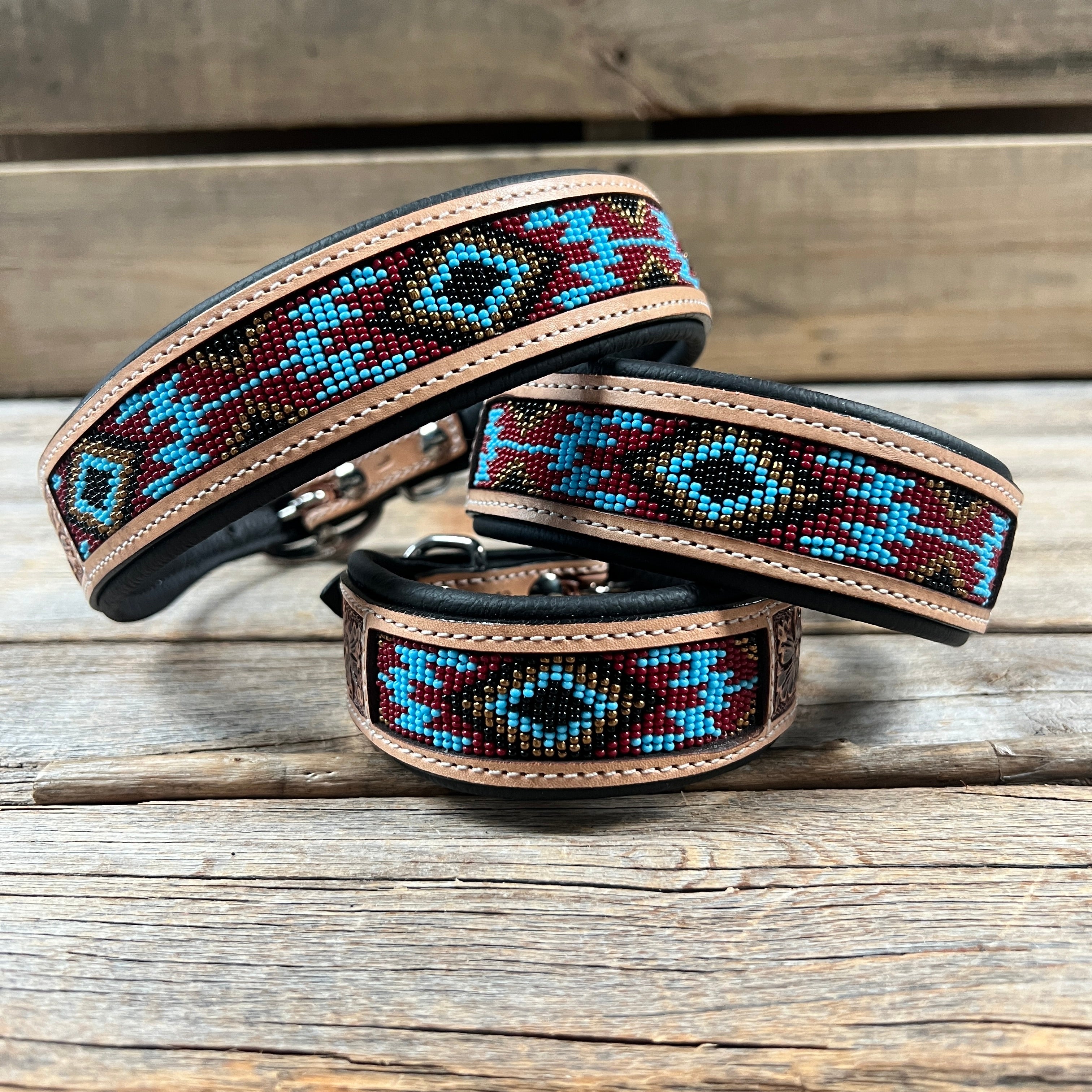 Tooled Brown and Blue Genuine Leather Beaded Dog Collar #DC438