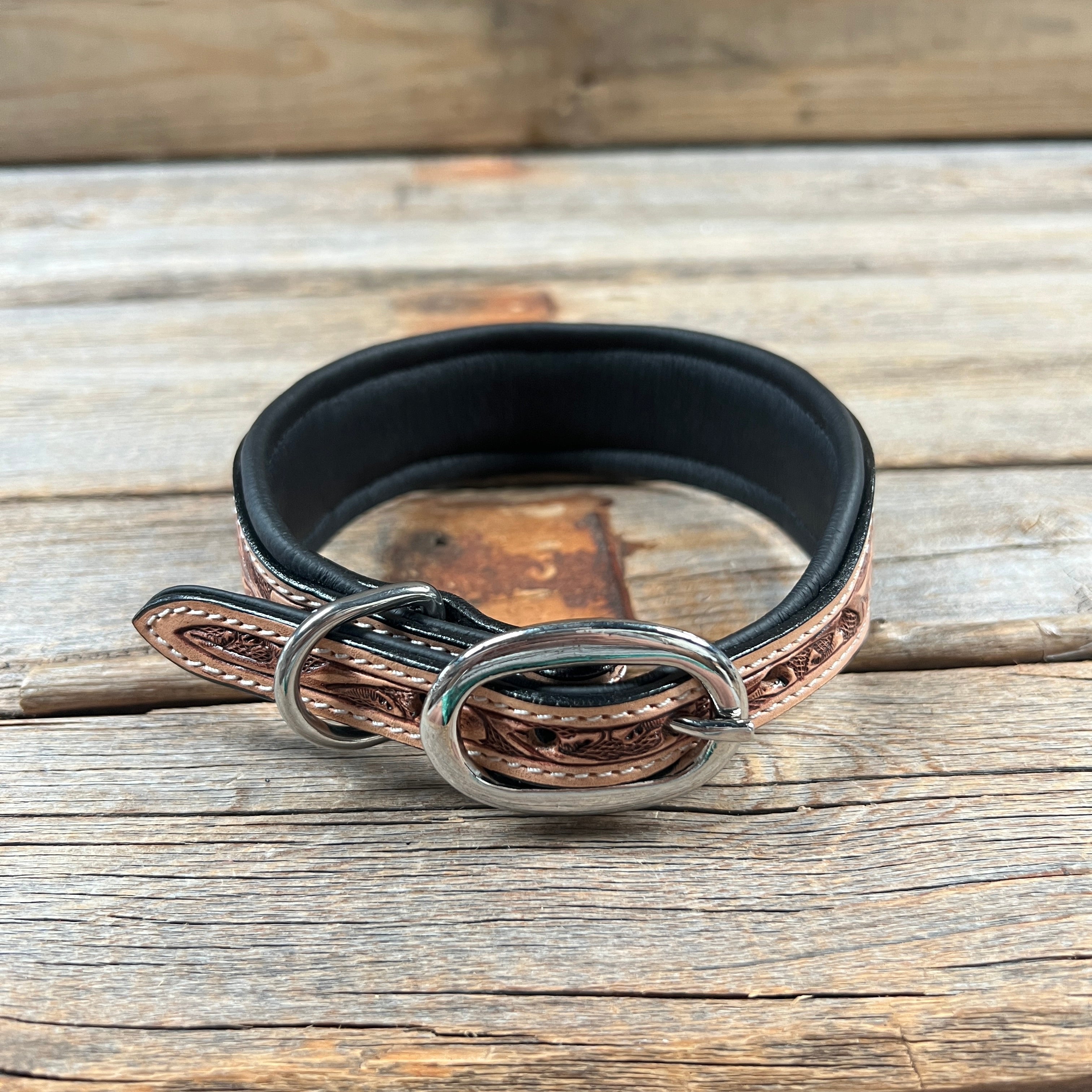 Tooled Brown and Blue Genuine Leather Beaded Dog Collar #DC438