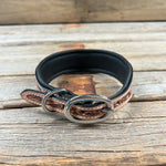 Tooled Brown and Blue Genuine Leather Beaded Dog Collar #DC438