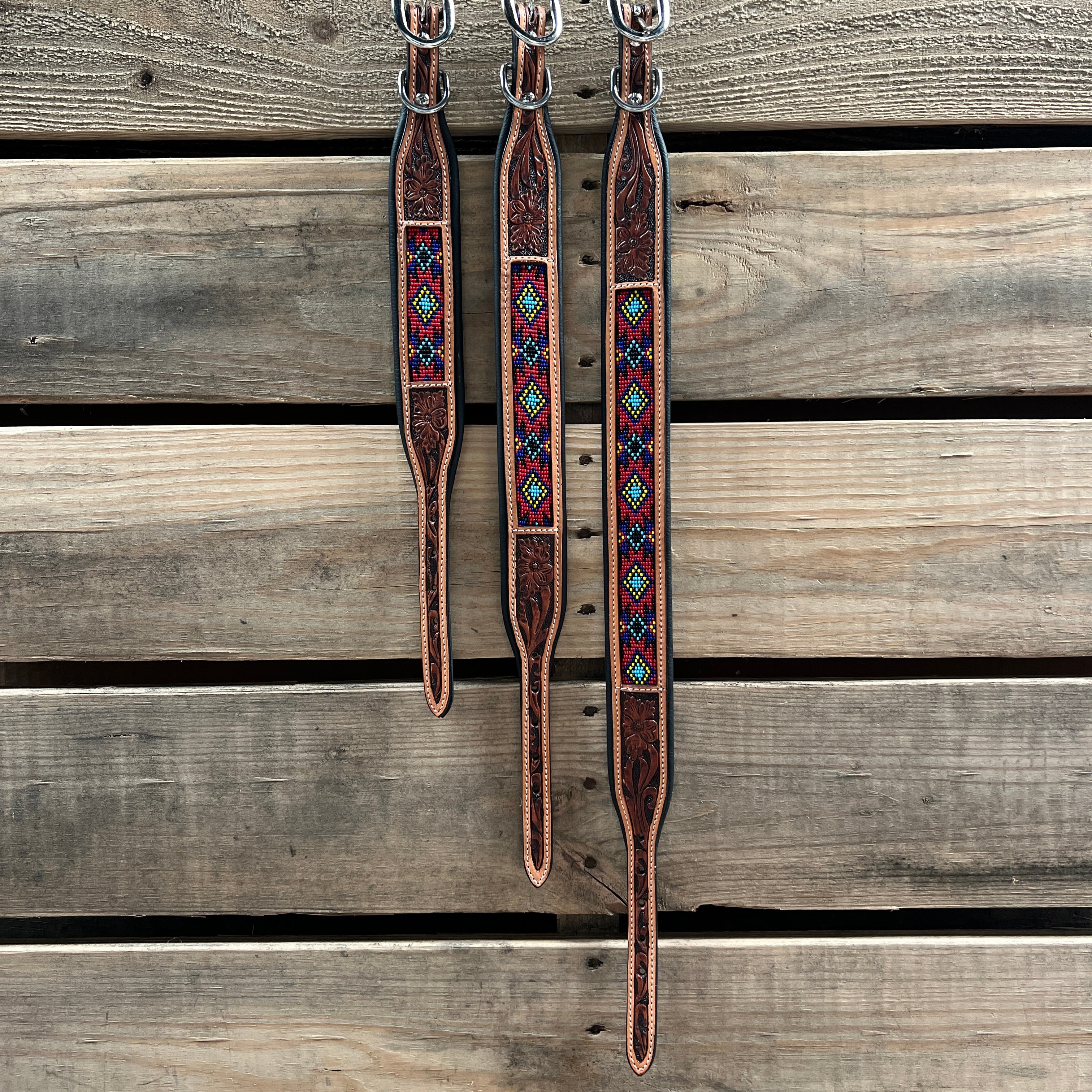 Tooled Red and Purple Genuine Leather Beaded Dog Collar #DC437