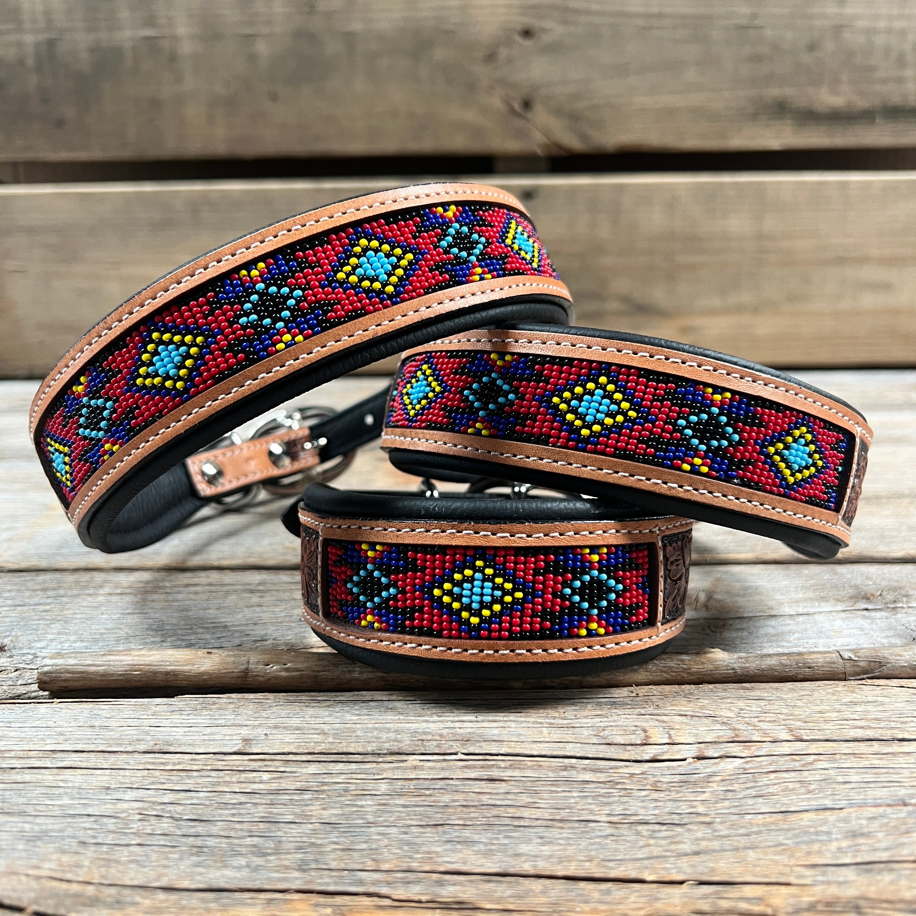 Tooled Red and Purple Genuine Leather Beaded Dog Collar #DC437