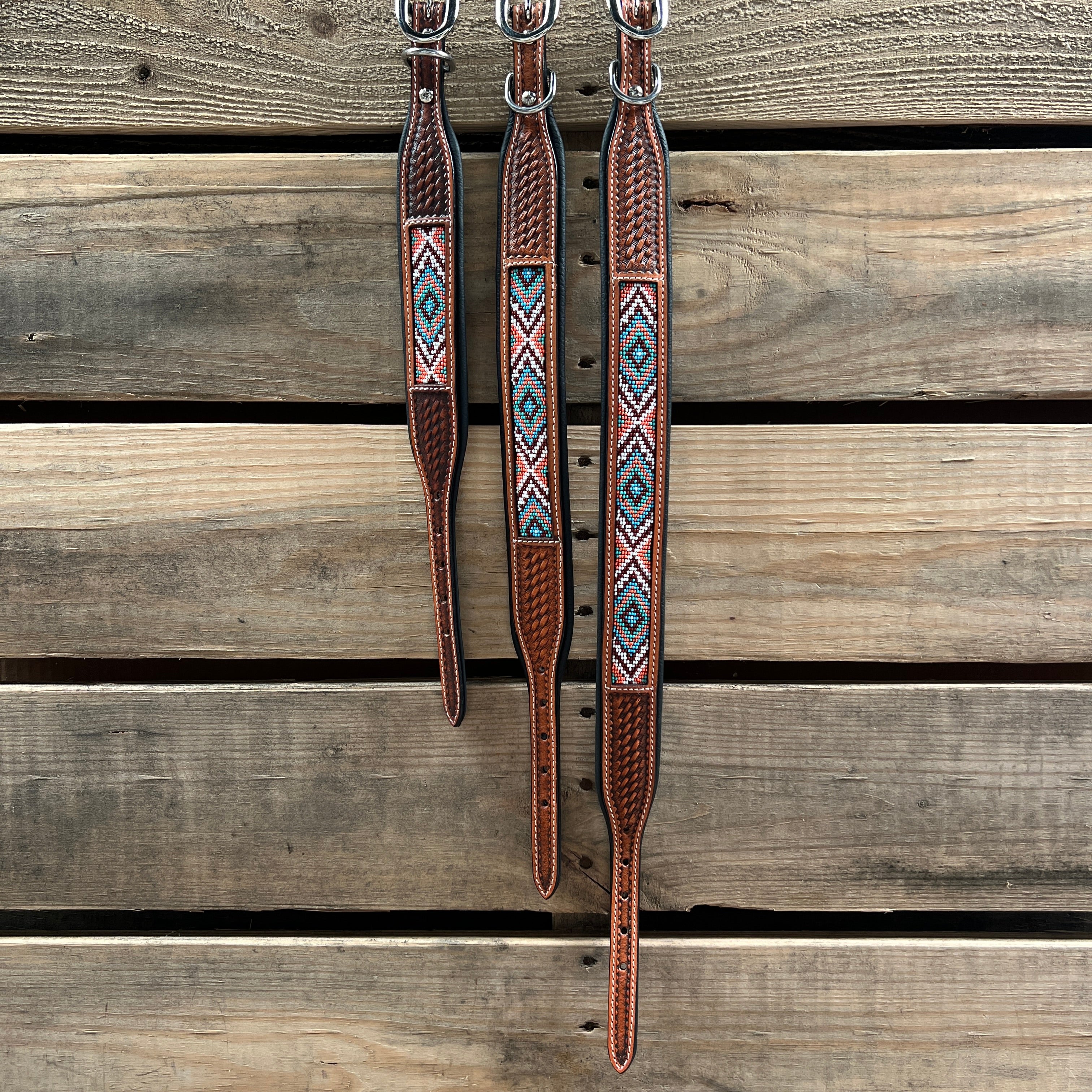 Tooled Peach and Turquoise Genuine Leather Beaded Dog Collar #DC443
