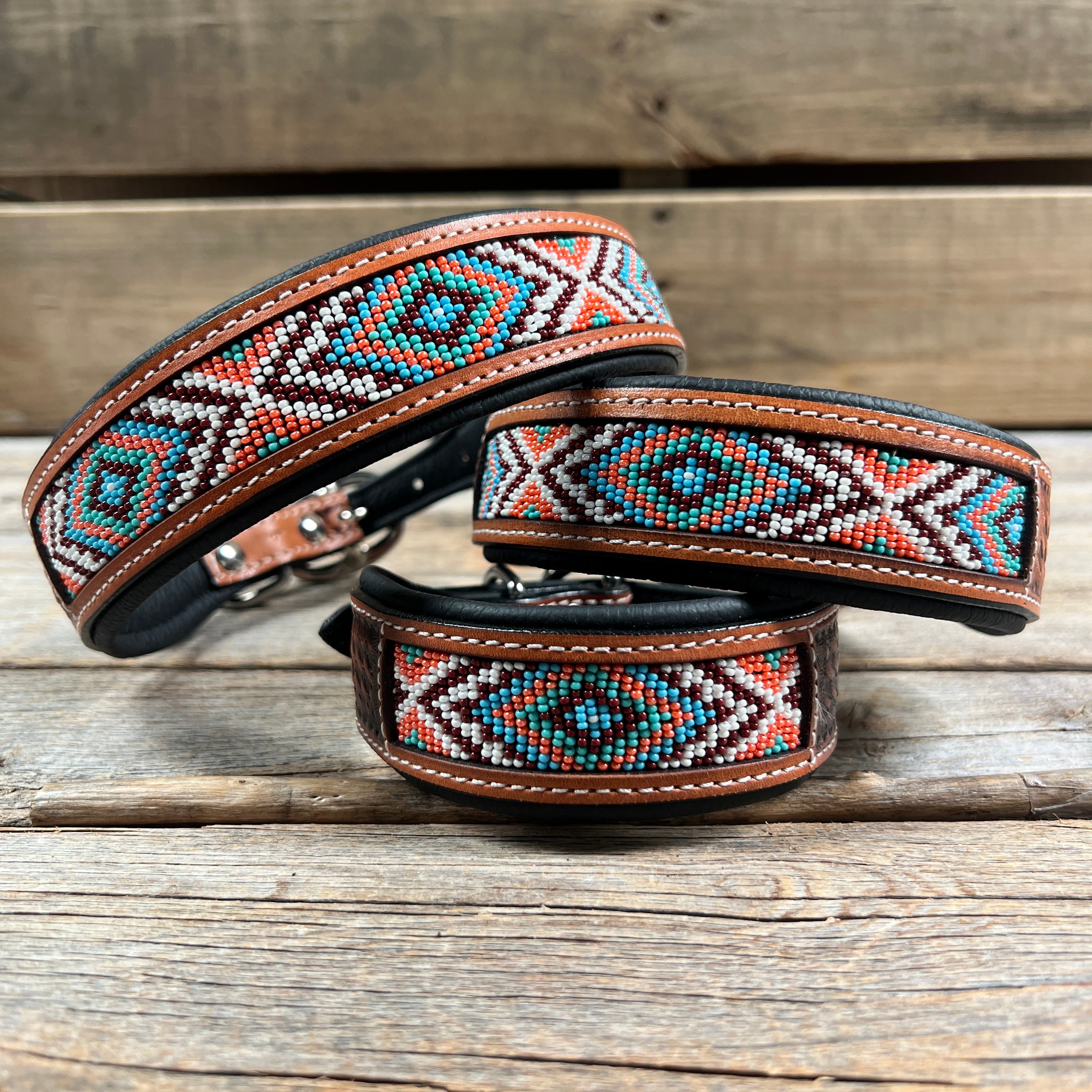 Tooled Peach and Turquoise Genuine Leather Beaded Dog Collar #DC443