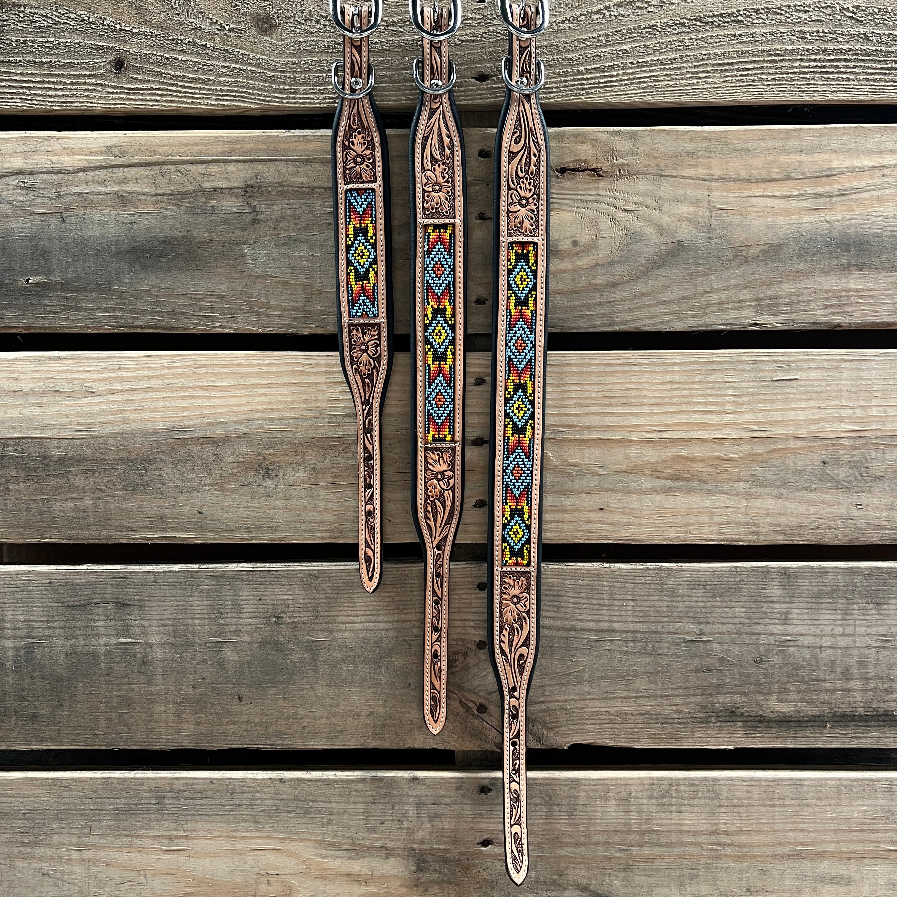 Tooled Yellow Genuine Leather Beaded Dog Collar #DC436