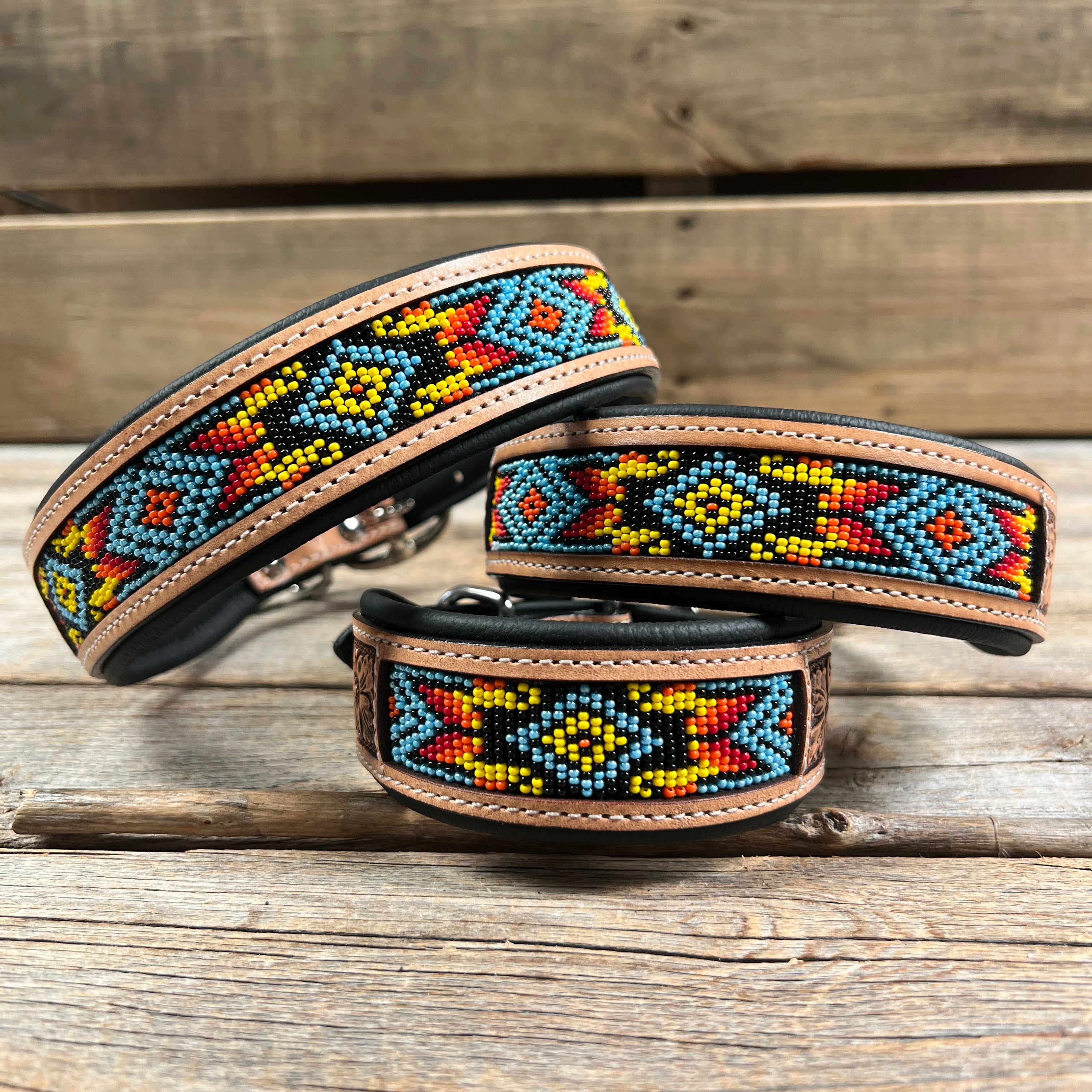Tooled Yellow Genuine Leather Beaded Dog Collar #DC436