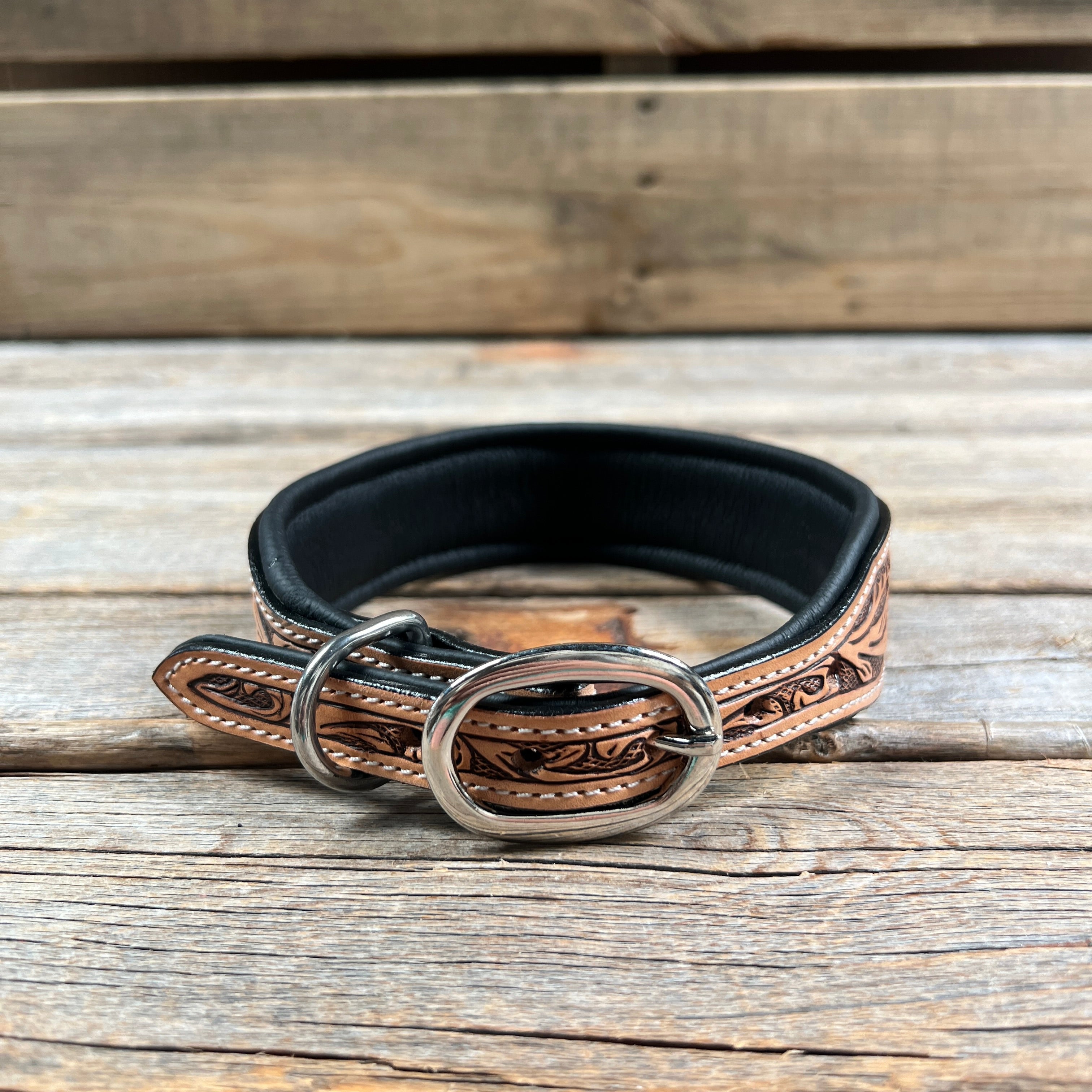 Tooled Yellow Genuine Leather Beaded Dog Collar #DC436