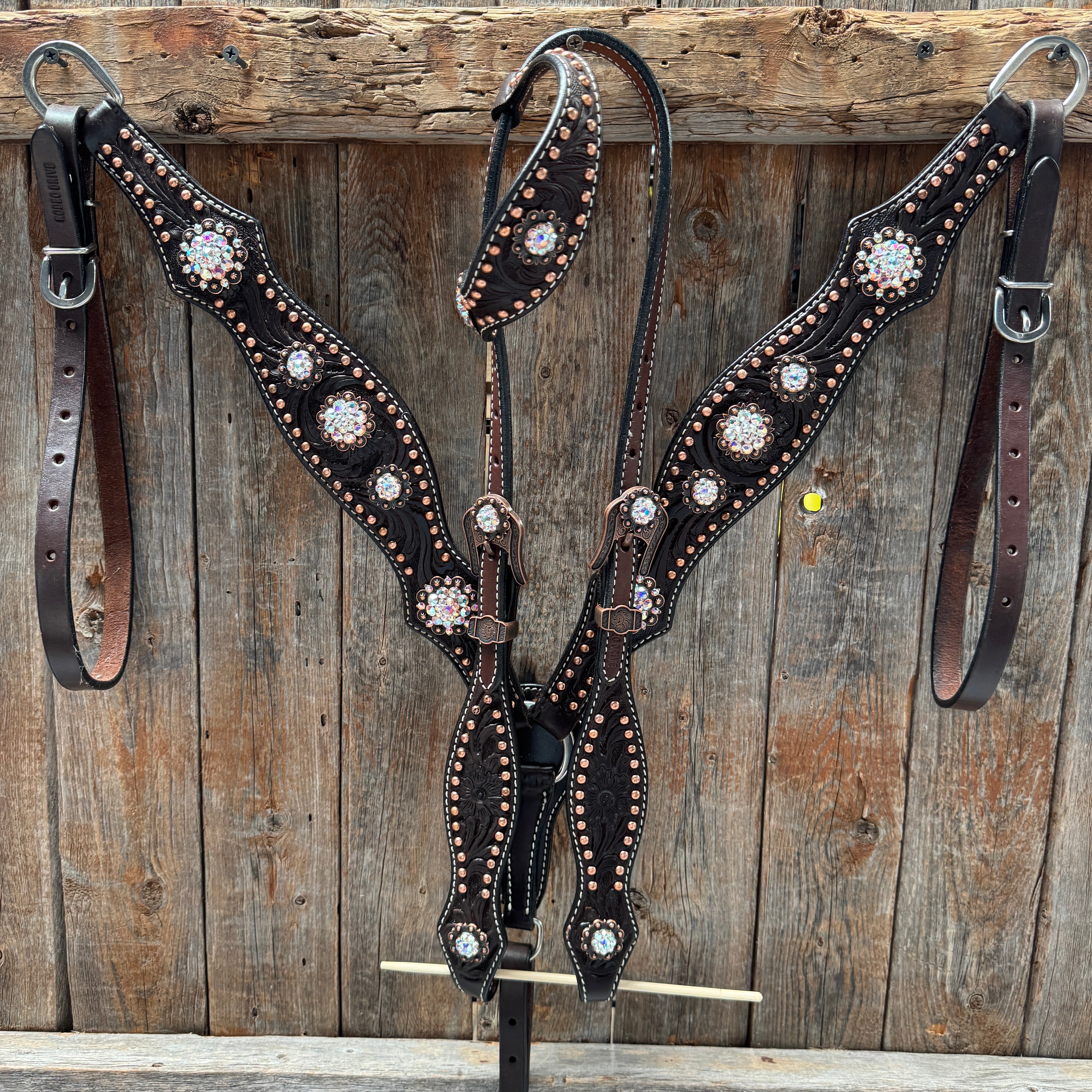 Dark Oil Floral Copper Dot AB One Ear / Breastcollar Tack Set #OEBC428