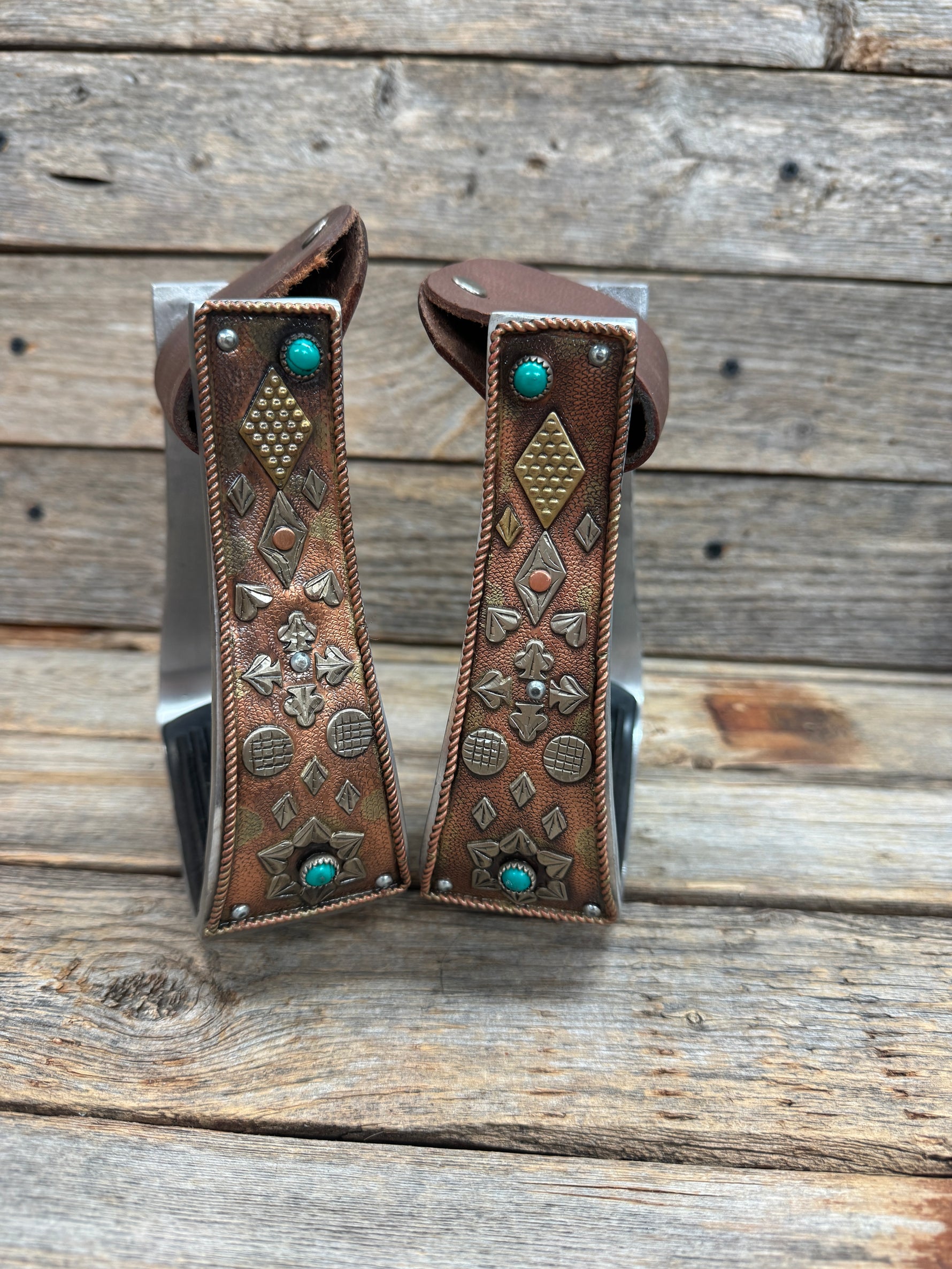Hand Engraved Copper and Turquoise Barrel Racing/Trail Western Stirrups BRS100R