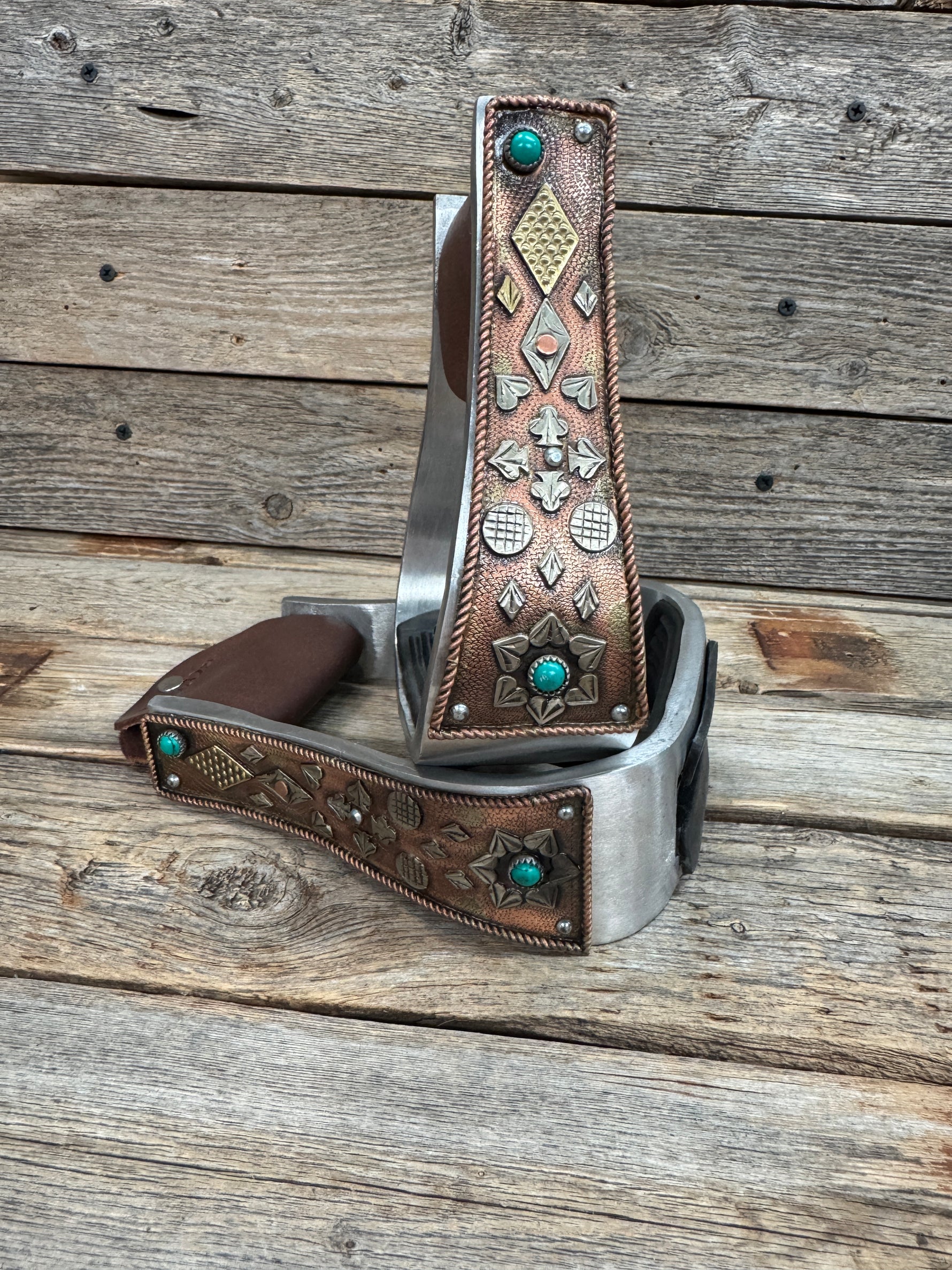 Hand Engraved Copper and Turquoise Barrel Racing/Trail Western Stirrups BRS100R