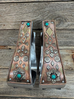 Hand Engraved Copper and Turquoise Barrel Racing/Trail Western Stirrups BRS100R