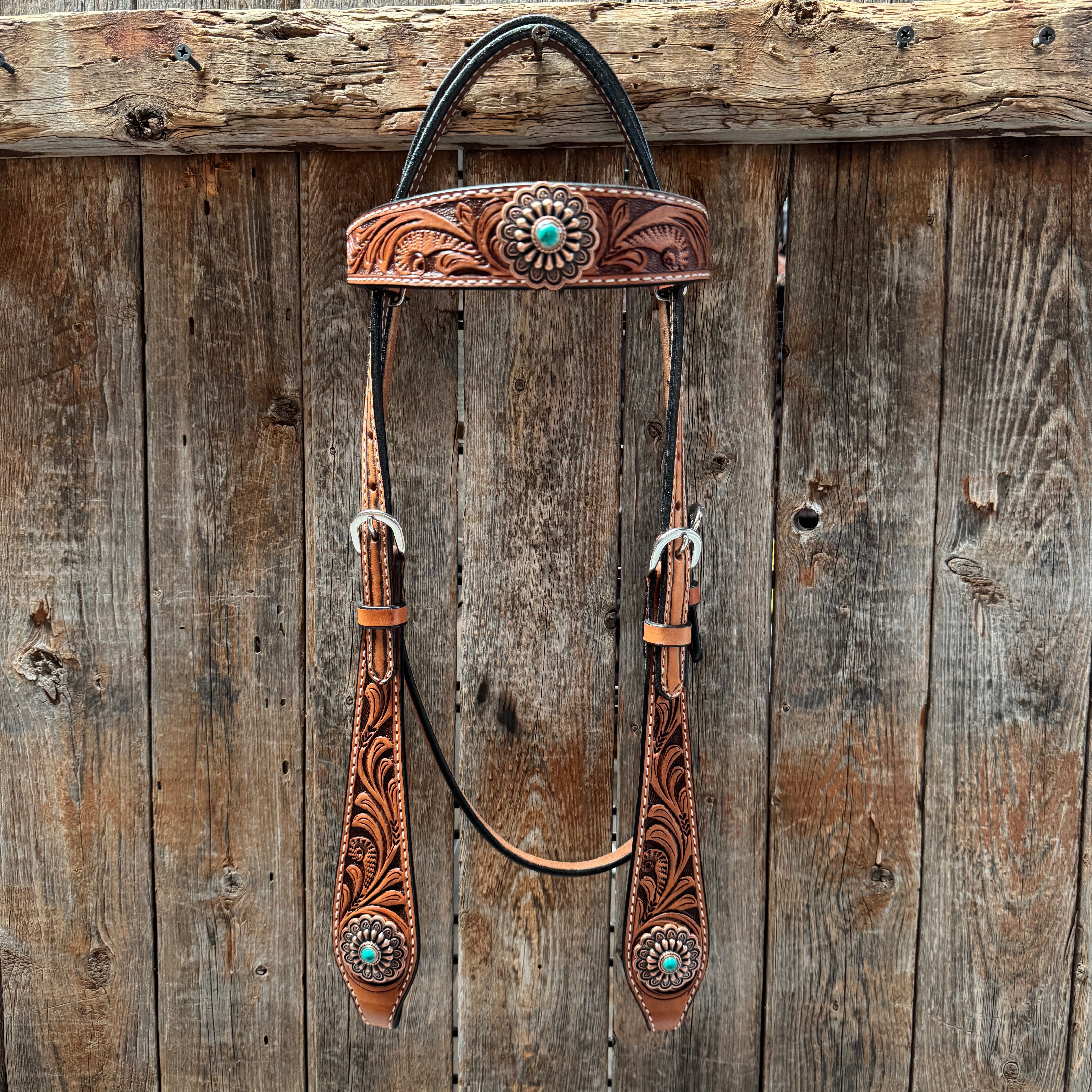 Light Oil Buckaroo Roper Flower Turquoise Browband/One Ear & Breastcollar Tack Set #OEBC459