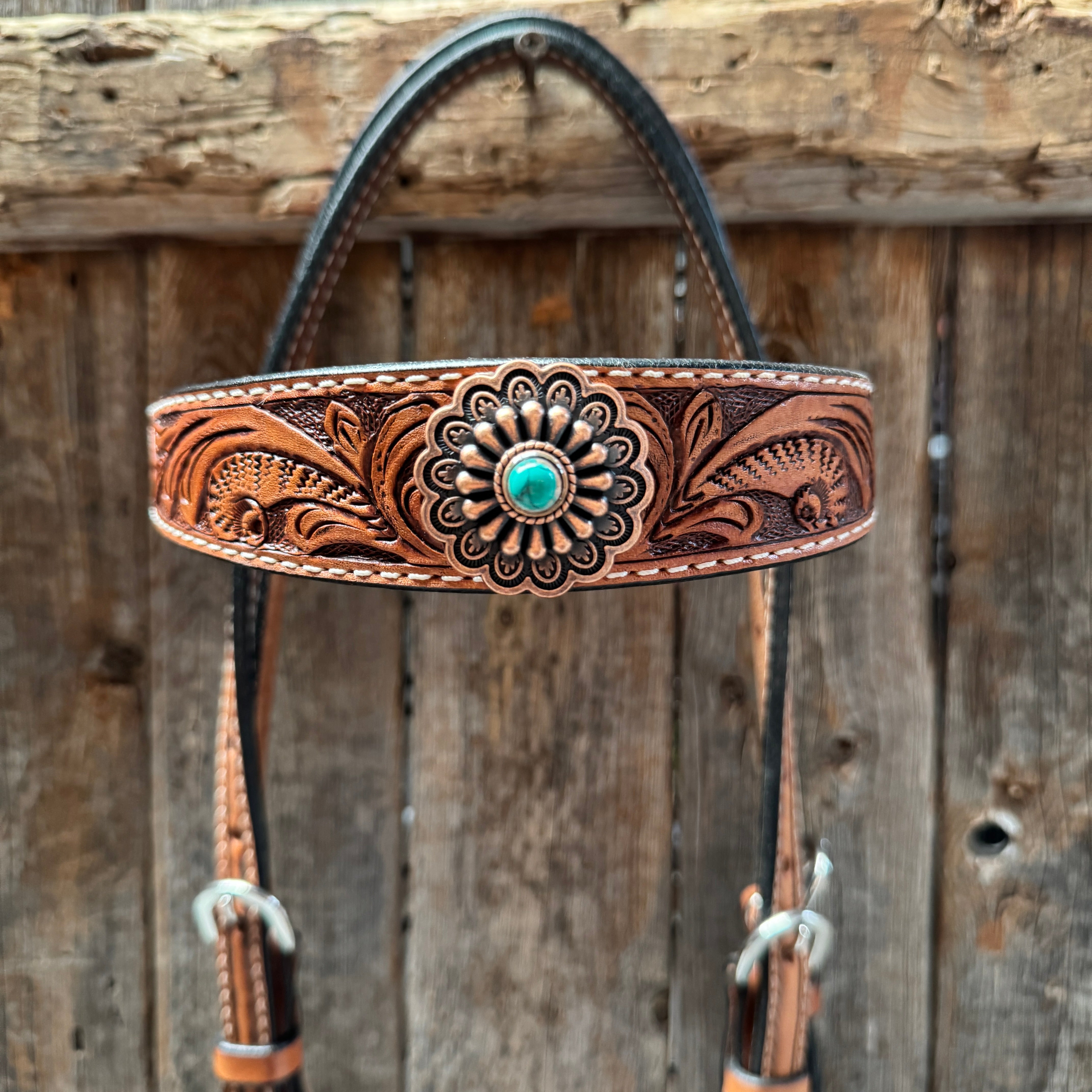 Light Oil Buckaroo Roper Flower Turquoise Browband/One Ear & Breastcollar Tack Set #OEBC459