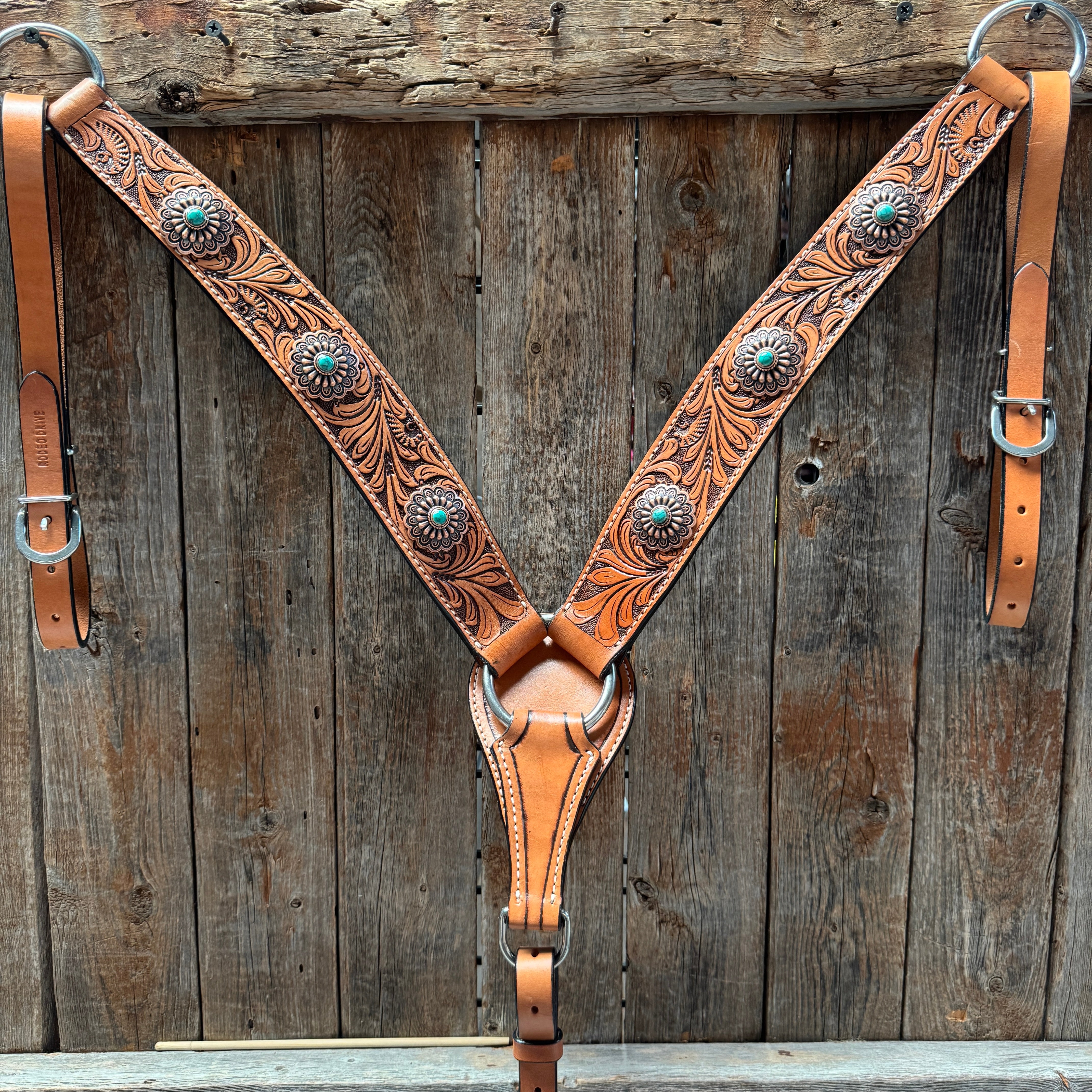 Light Oil Buckaroo Roper Flower Turquoise Browband/One Ear & Breastcollar Tack Set #OEBC459