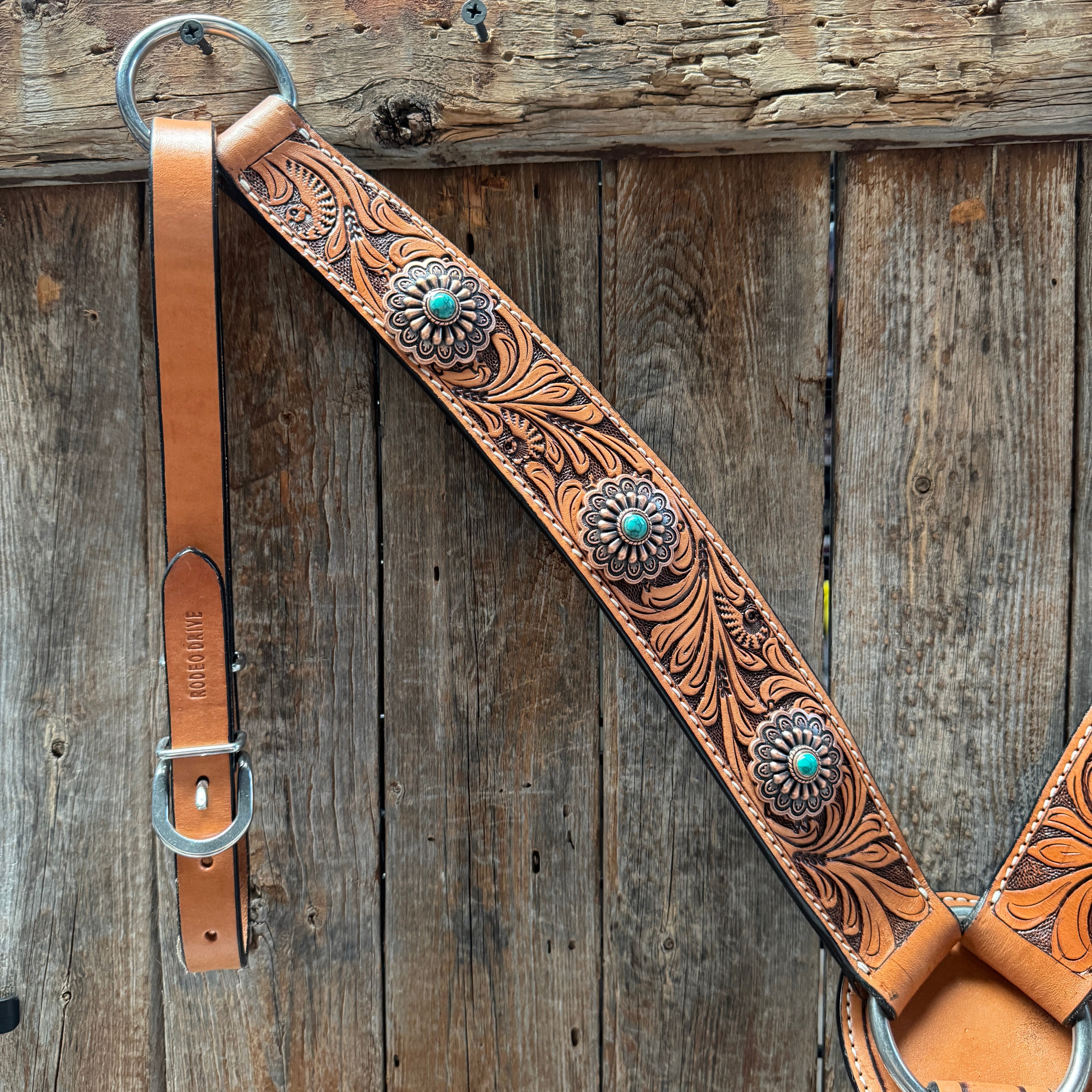 Light Oil Buckaroo Roper Flower Turquoise Browband/One Ear & Breastcollar Tack Set #OEBC459
