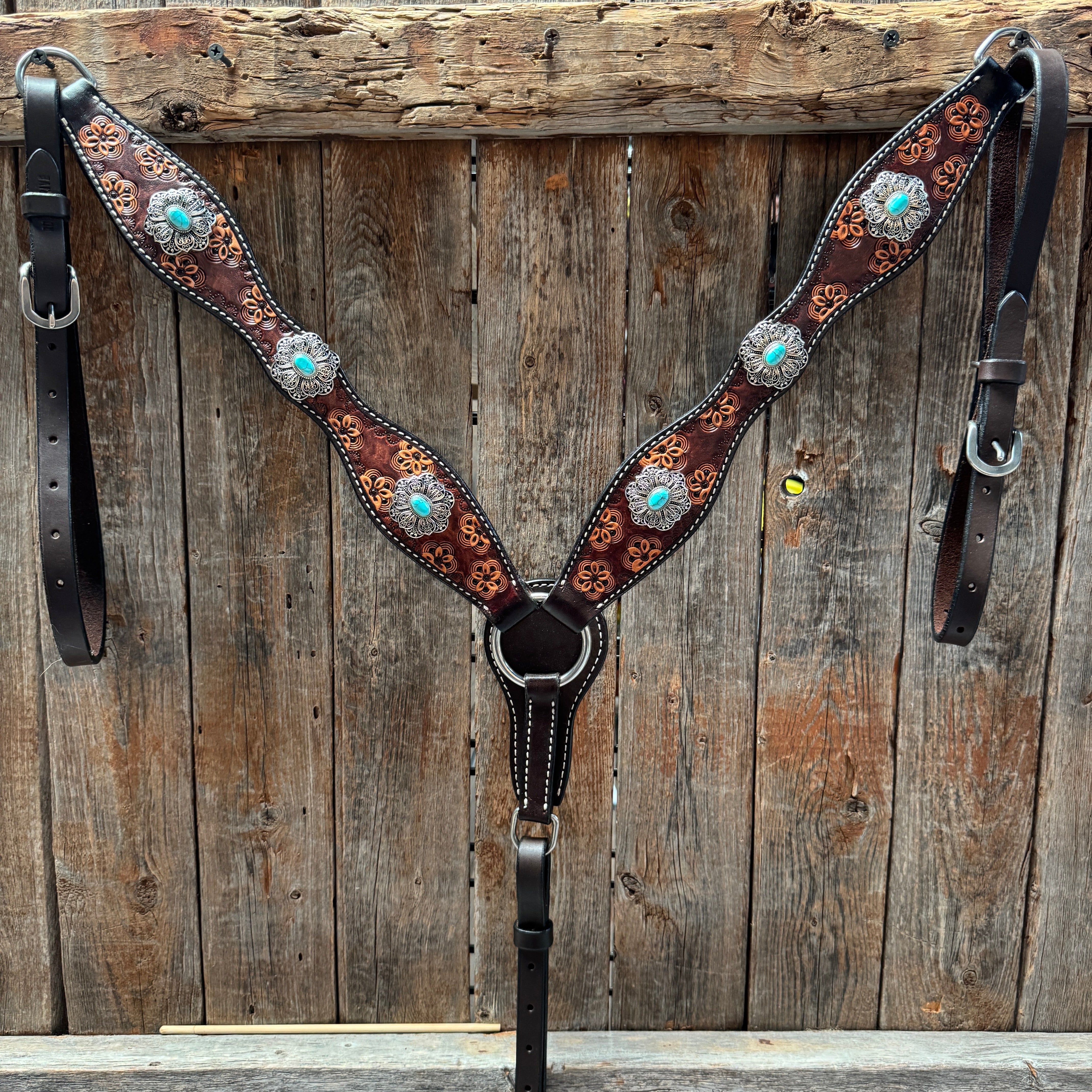 Flower Power Antique Silver and Turquoise One Ear Headstall & Breastcollar Tack Set #OEBC429