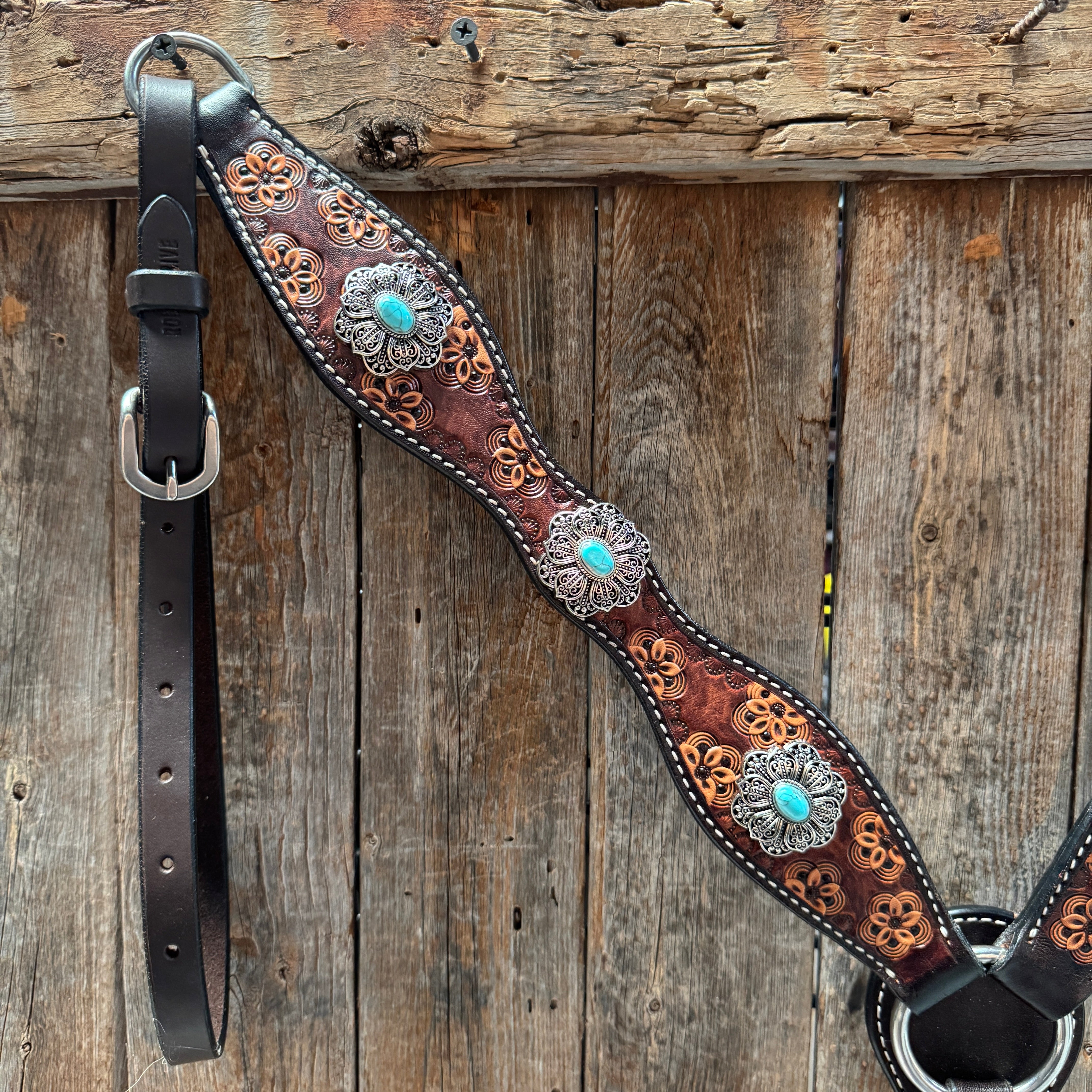 Flower Power Antique Silver and Turquoise One Ear Headstall & Breastcollar Tack Set #OEBC429