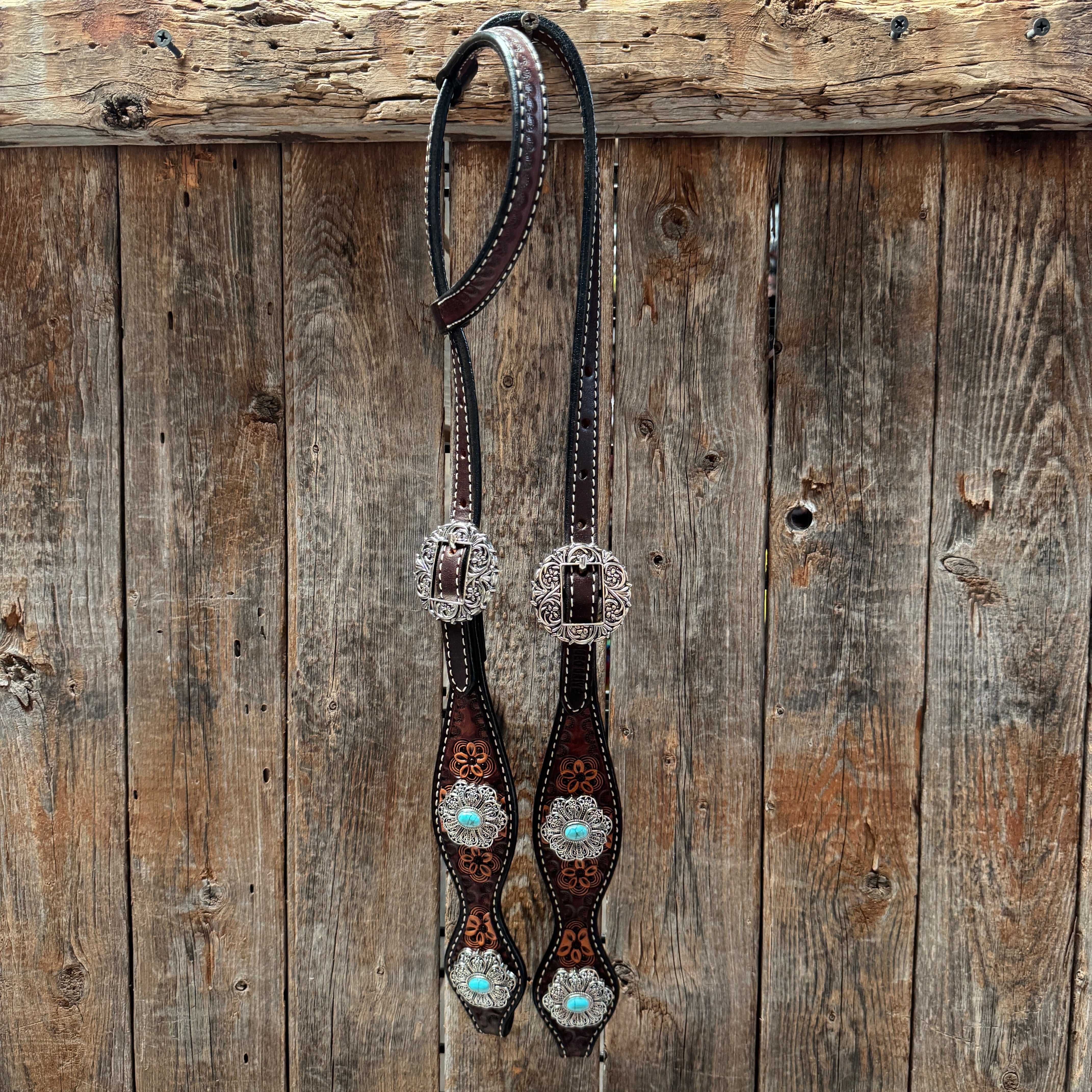 Flower Power Antique Silver and Turquoise One Ear Headstall & Breastcollar Tack Set #OEBC429