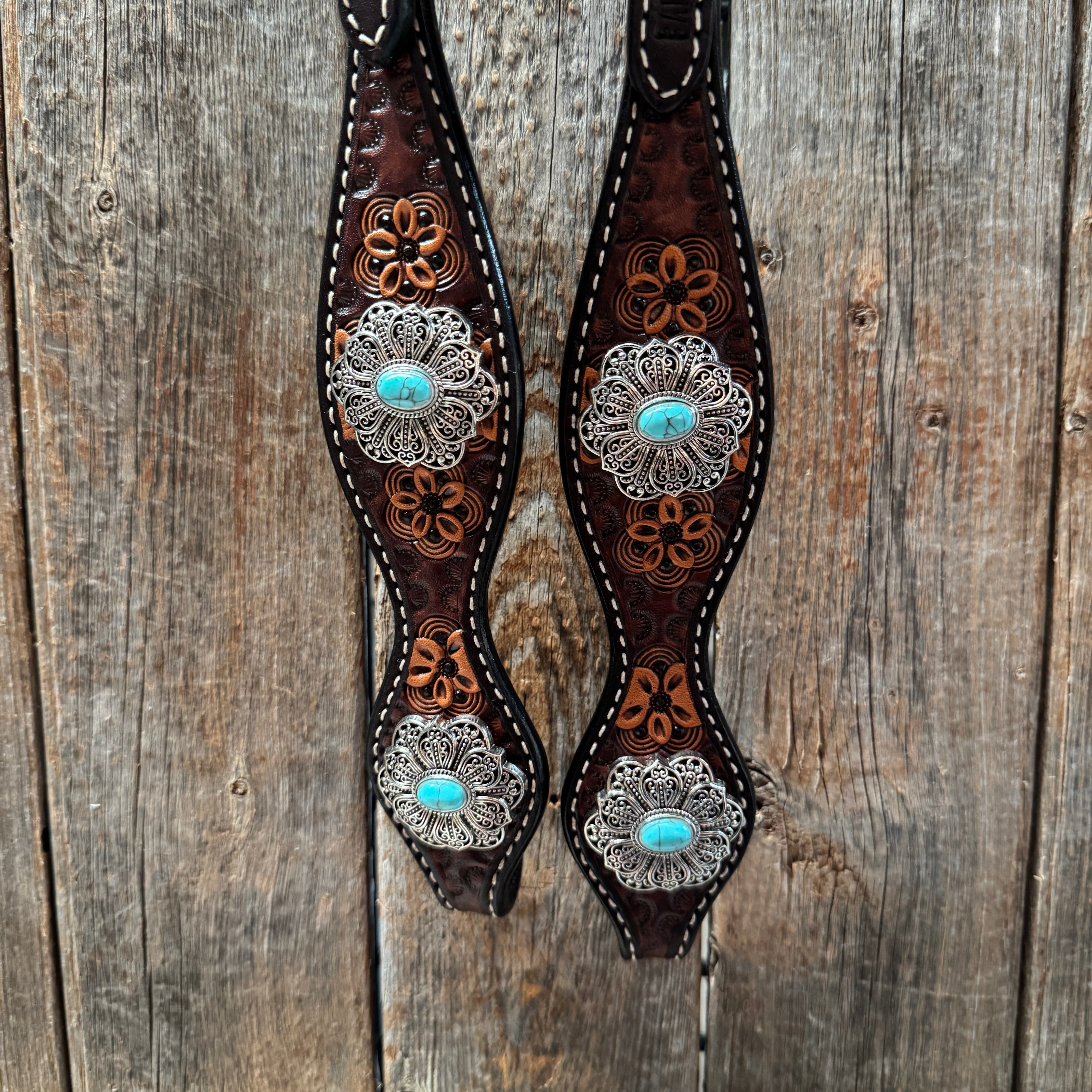 Flower Power Antique Silver and Turquoise One Ear Headstall & Breastcollar Tack Set #OEBC429