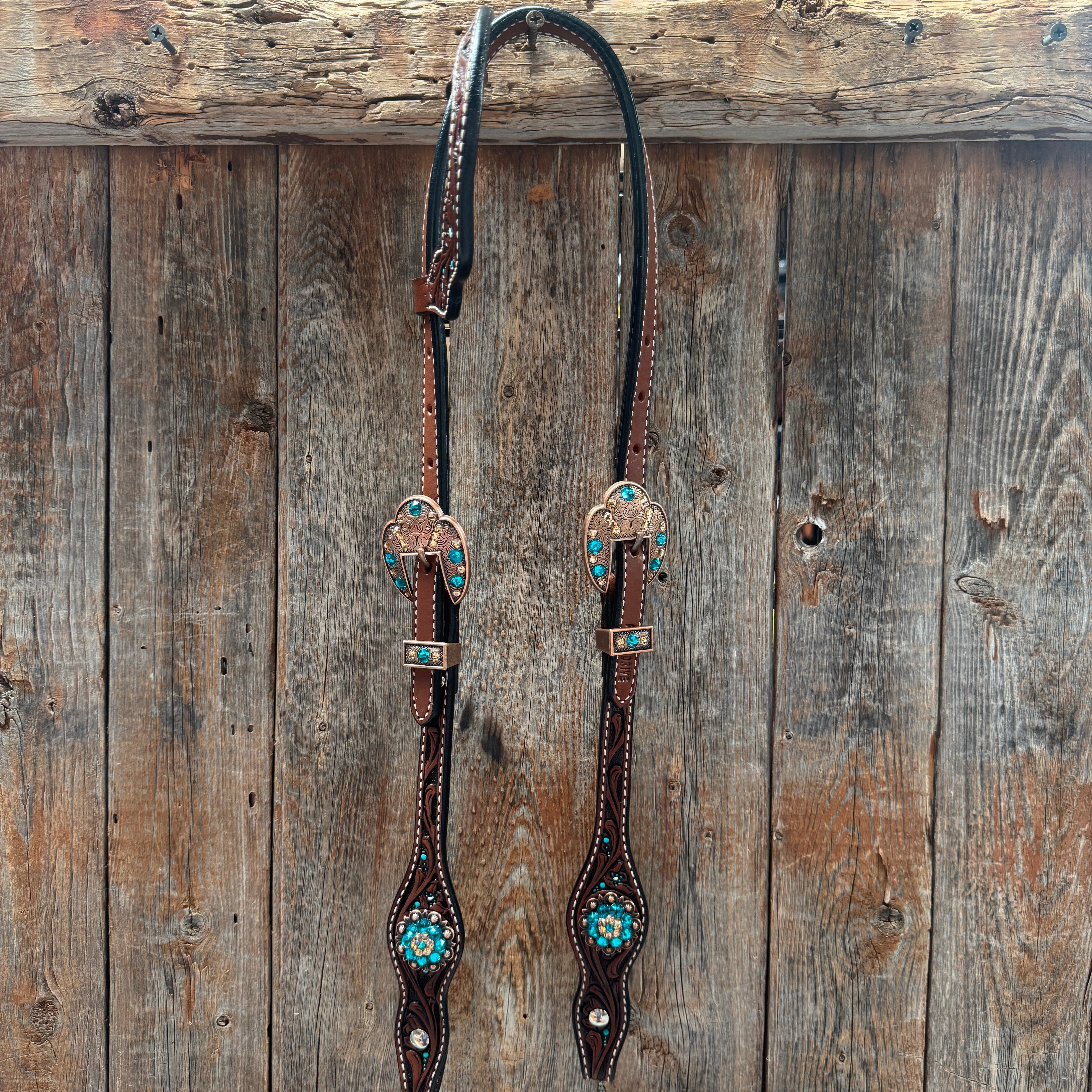 Medium Floral Teal Dot Teal and Champagne One Ear Headstall - Breastcollar Tack Set #OEBC435