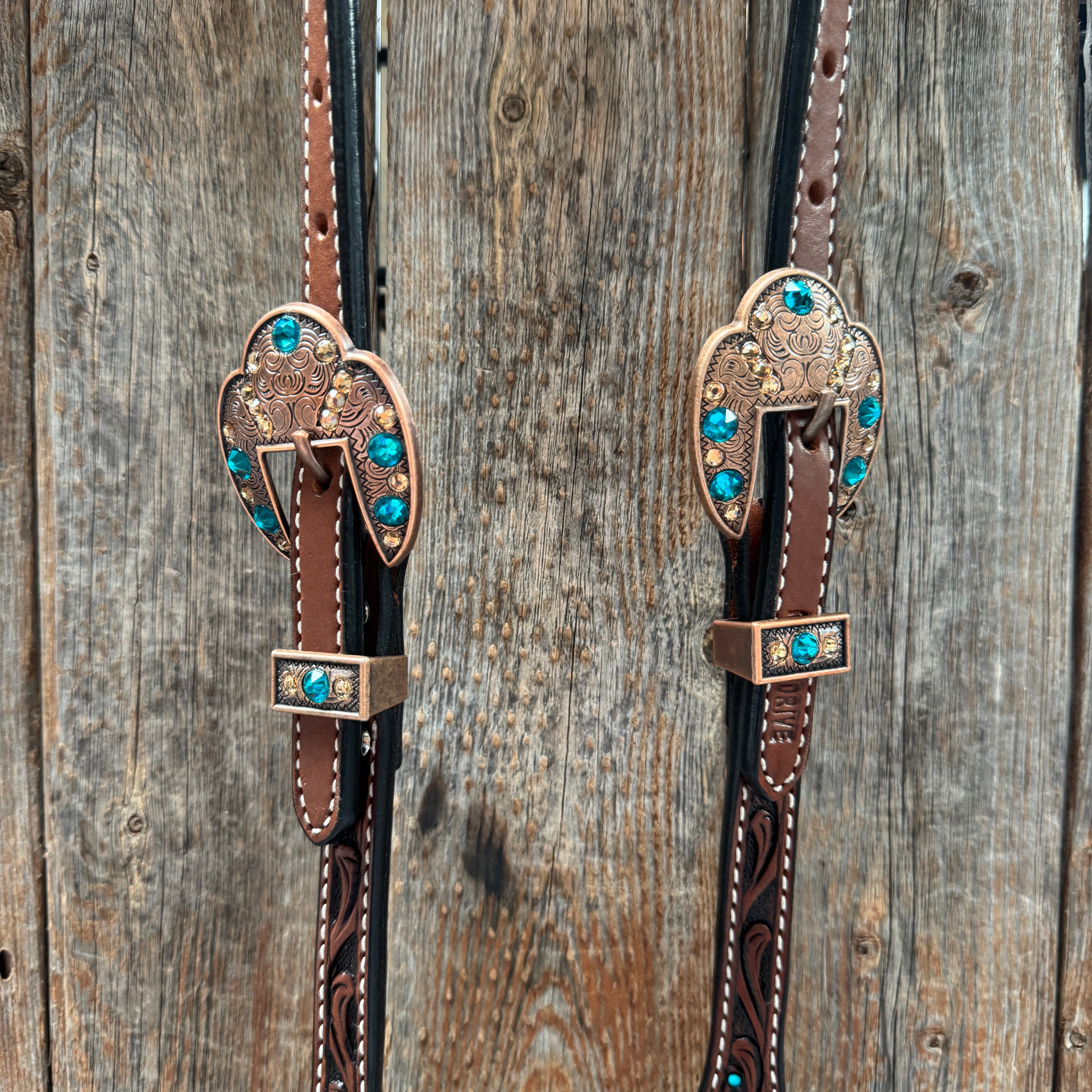Medium Floral Teal Dot Teal and Champagne One Ear Headstall - Breastcollar Tack Set #OEBC435
