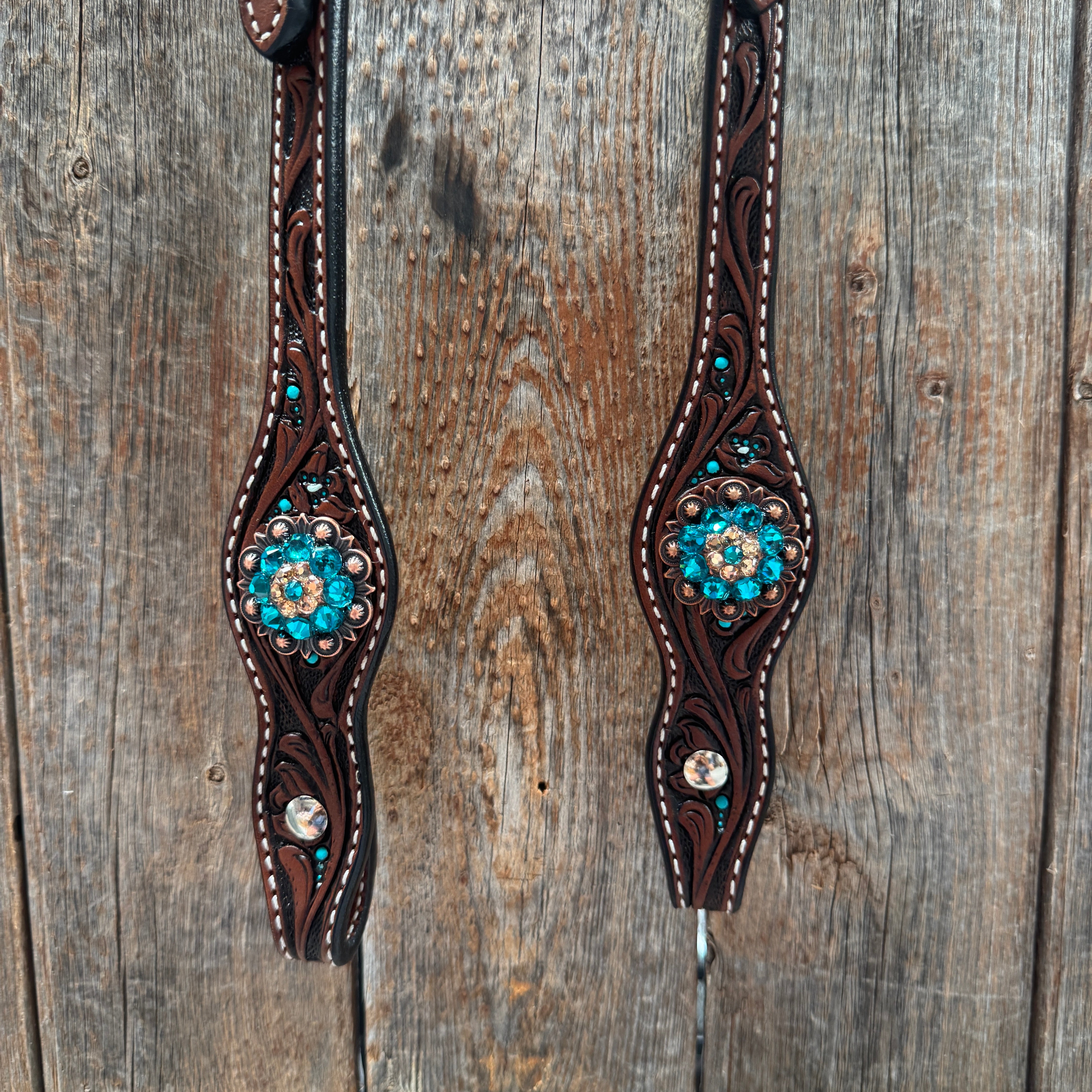 Medium Floral Teal Dot Teal and Champagne One Ear Headstall - Breastcollar Tack Set #OEBC435