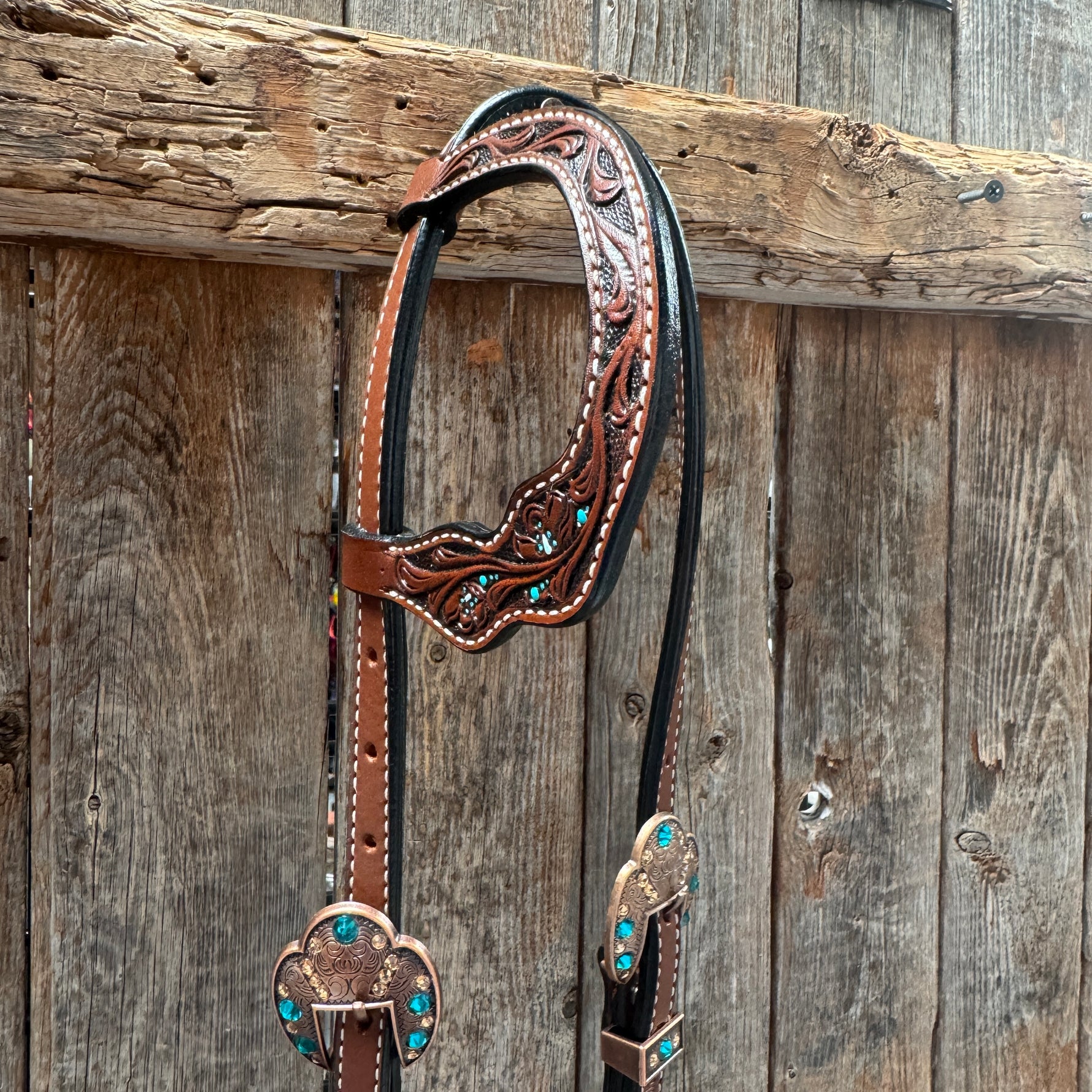 Medium Floral Teal Dot Teal and Champagne One Ear Headstall - Breastcollar Tack Set #OEBC435