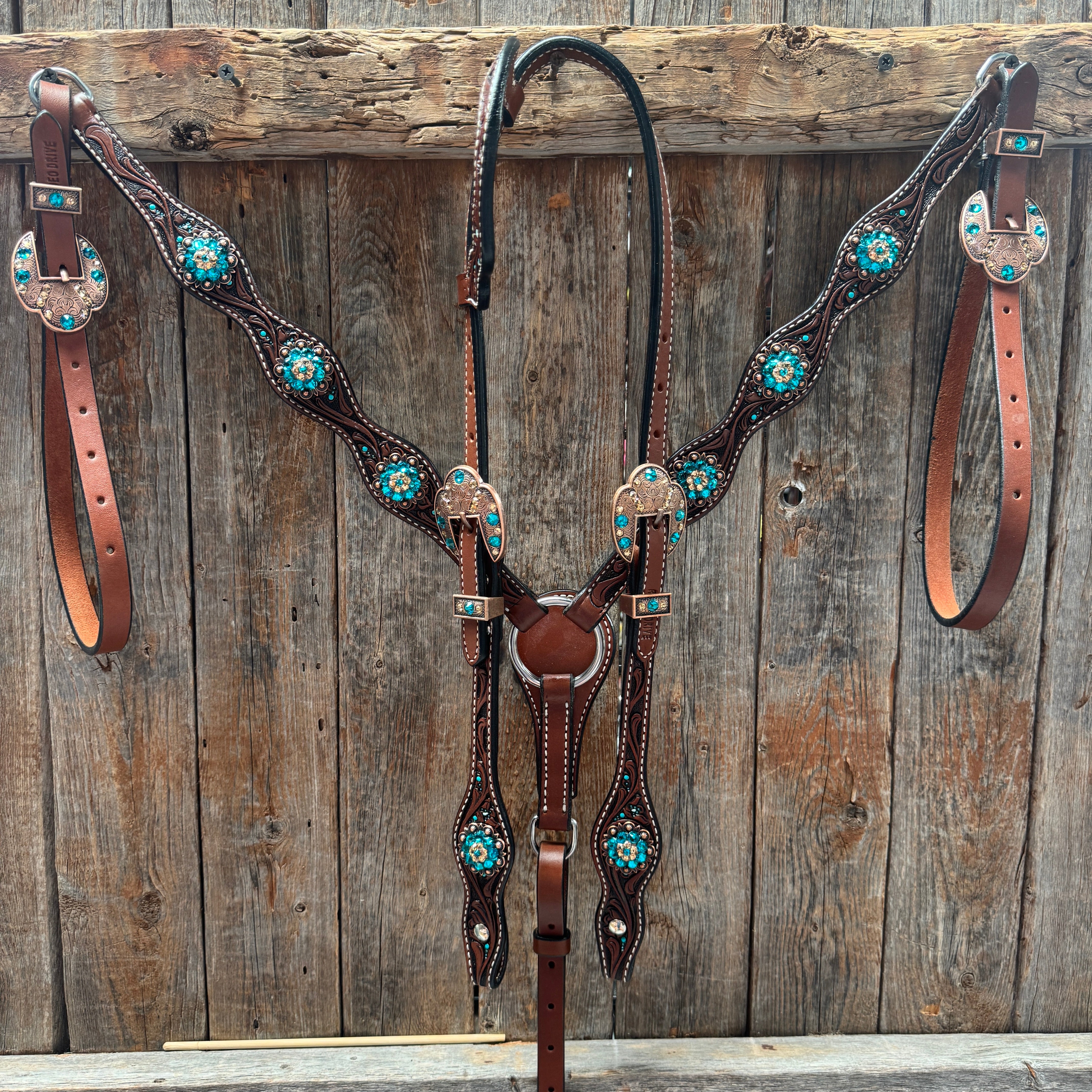 Medium Floral Teal Dot Teal and Champagne One Ear Headstall - Breastcollar Tack Set #OEBC435