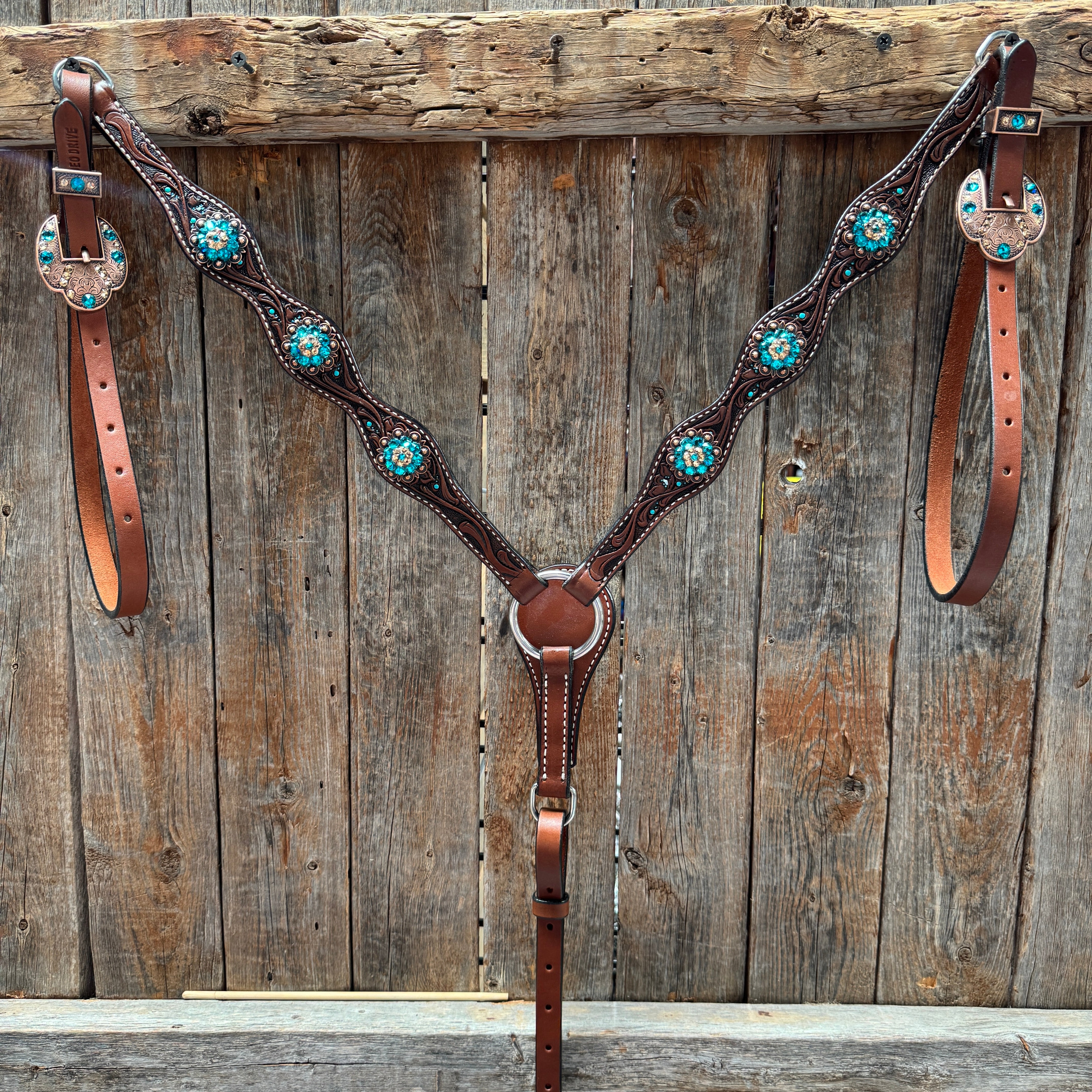 Medium Floral Teal Dot Teal and Champagne One Ear Headstall - Breastcollar Tack Set #OEBC435