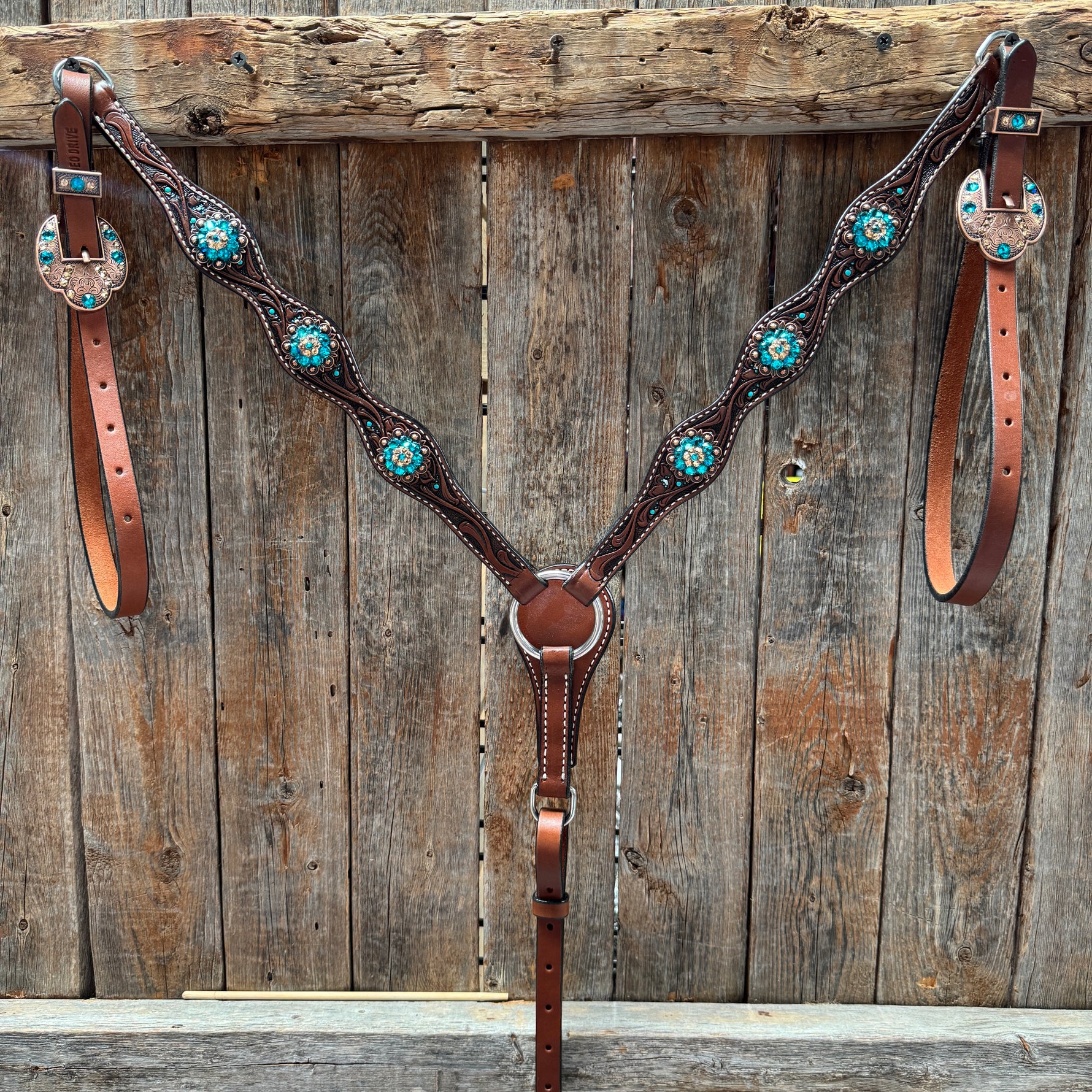 Medium Floral Teal Dot Teal and Champagne One Ear Headstall - Breastcollar Tack Set #OEBC435