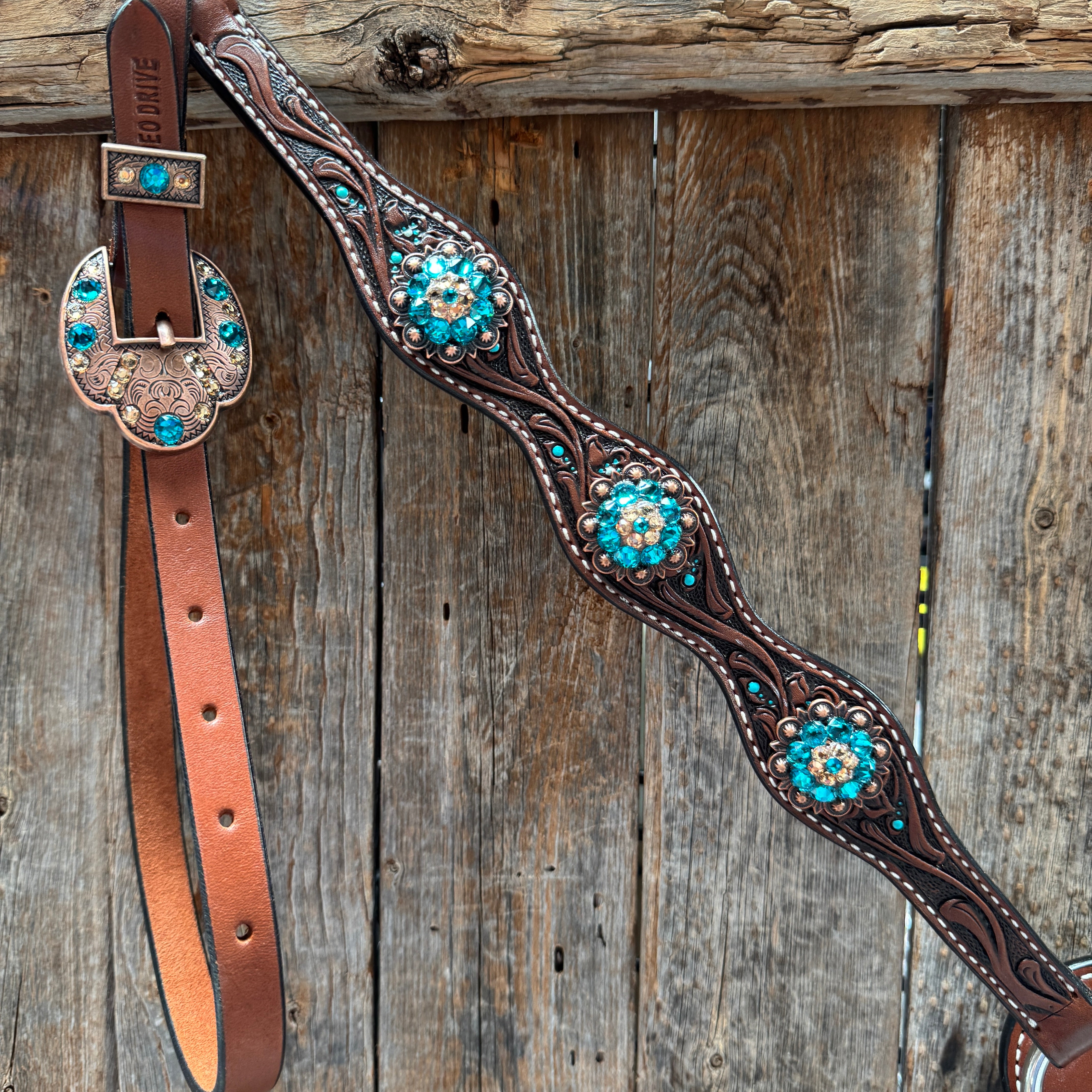 Medium Floral Teal Dot Teal and Champagne One Ear Headstall - Breastcollar Tack Set #OEBC435