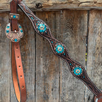 Medium Floral Teal Dot Teal and Champagne One Ear Headstall - Breastcollar Tack Set #OEBC435