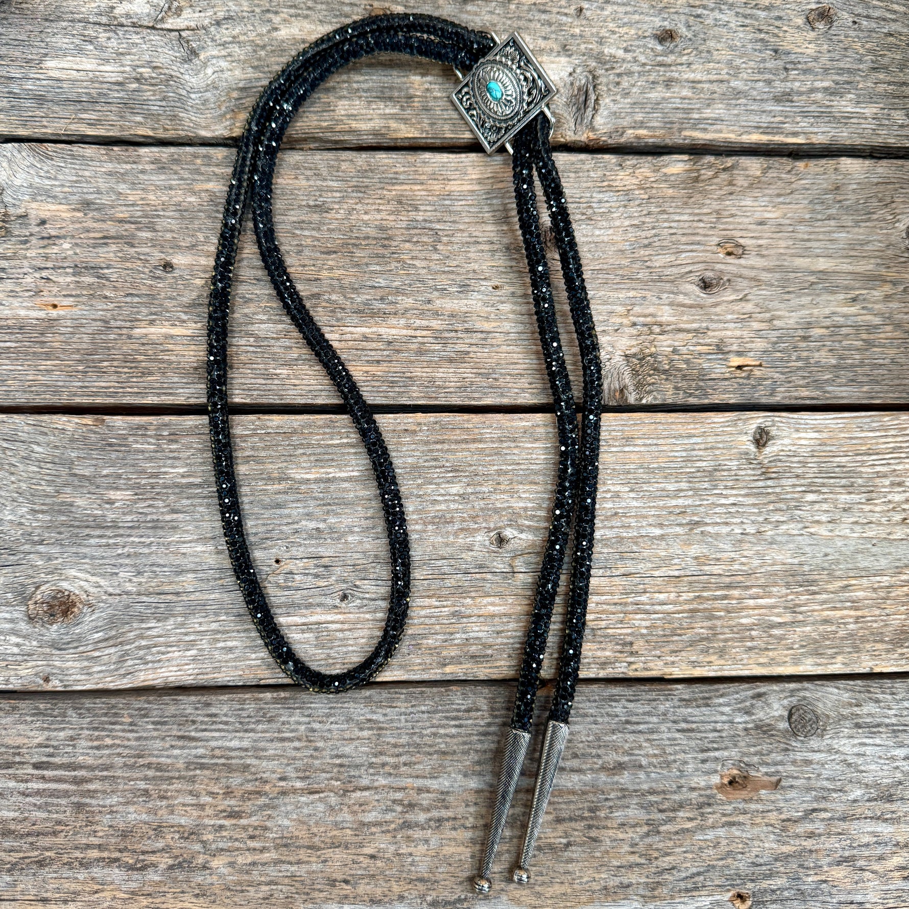 Black Rhinestone Bolo Tie with Turquoise Slide (W237)