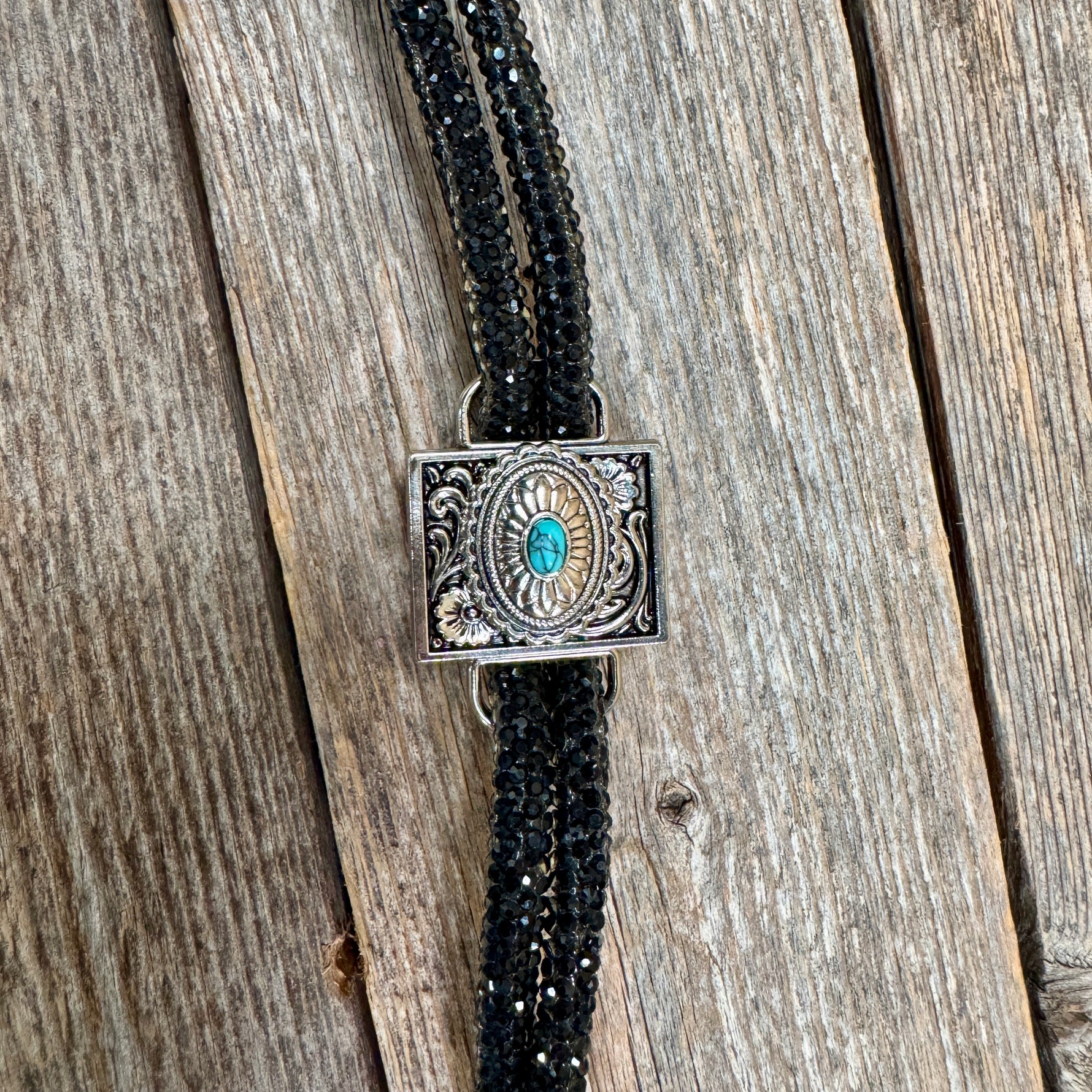 Black Rhinestone Bolo Tie with Turquoise Slide (W237)