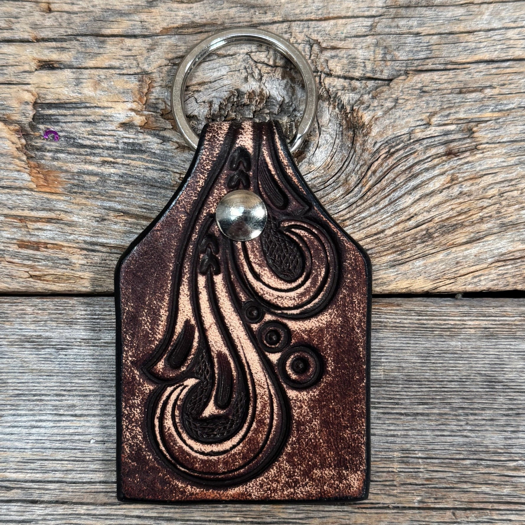 Floral Tooled Cow Tag Leather Key Chain