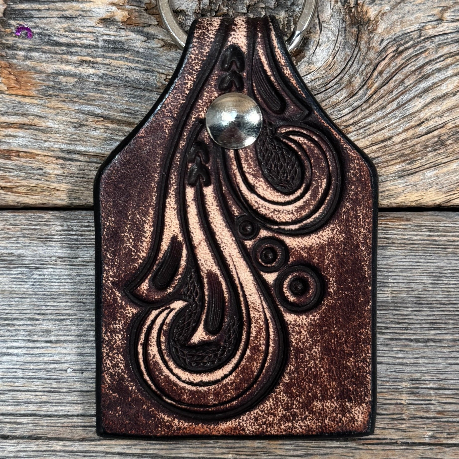Floral Tooled Cow Tag Leather Key Chain