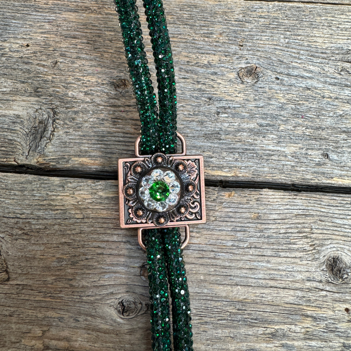 Emerald Rhinestone Bolo Tie with Crystal Slide