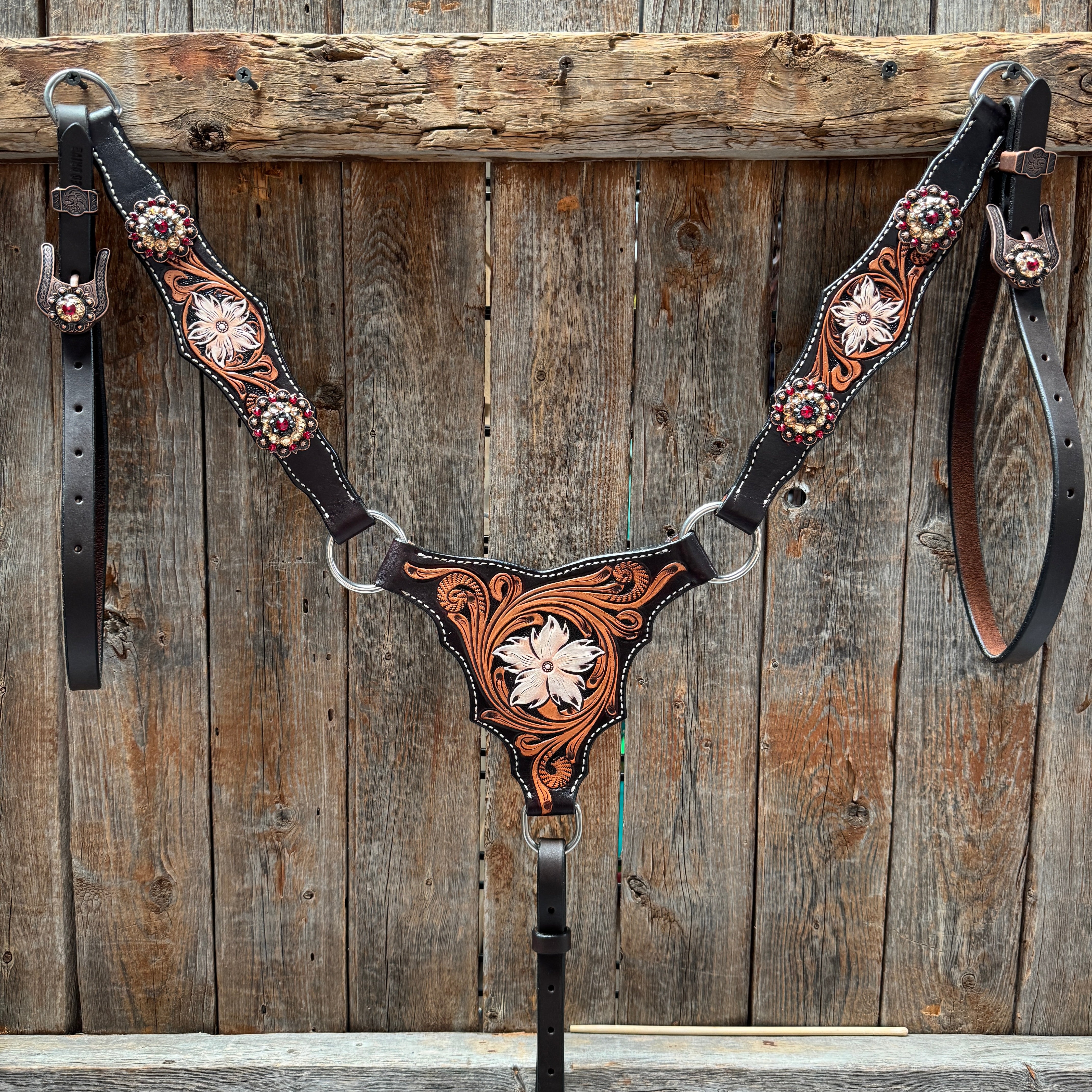 Triple Tone Floral Ruby, Jet and Champagne Browband - Triangle / Gladiator Breastcollar Tack Set #BBBC451