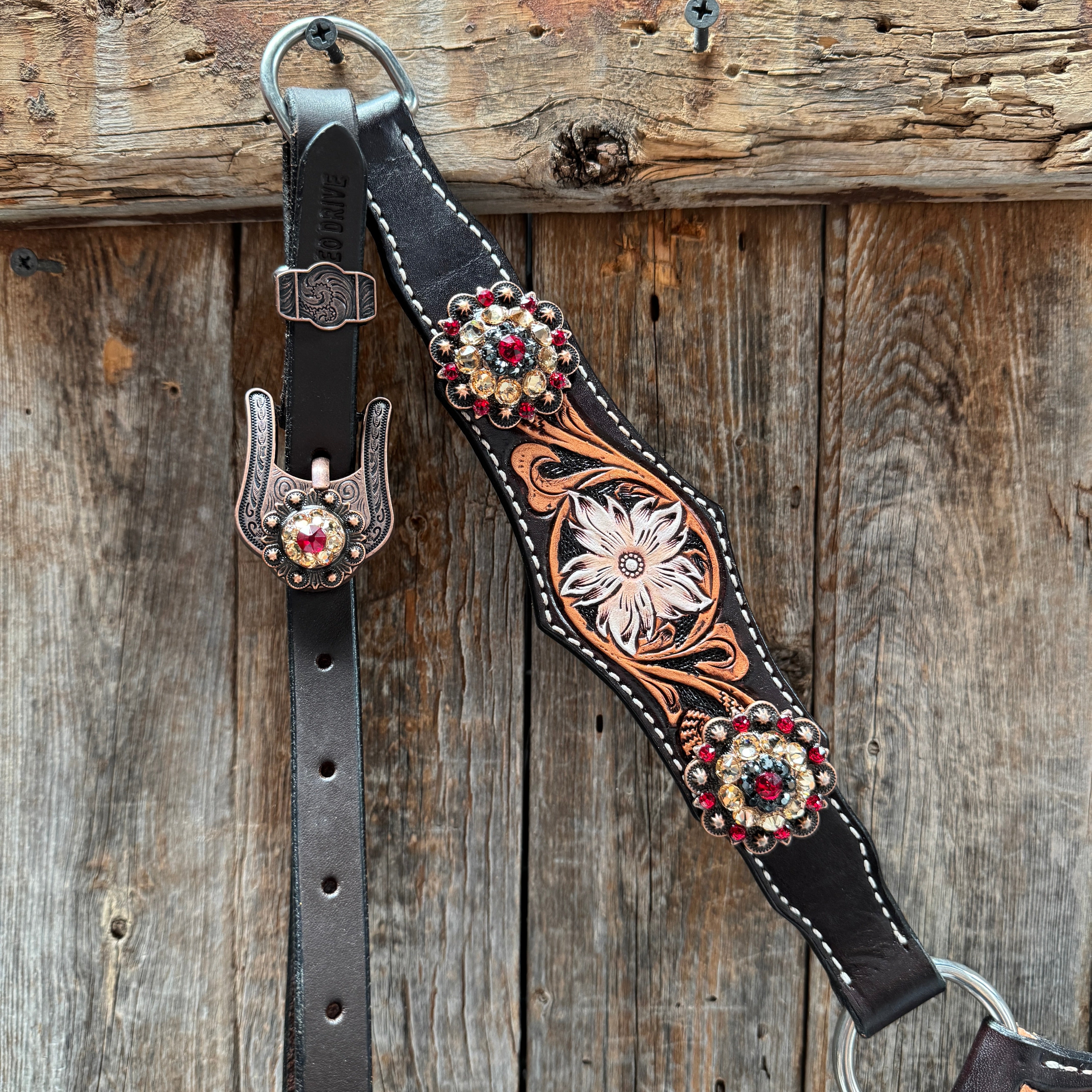 Triple Tone Floral Ruby, Jet and Champagne Browband - Triangle / Gladiator Breastcollar Tack Set #BBBC451