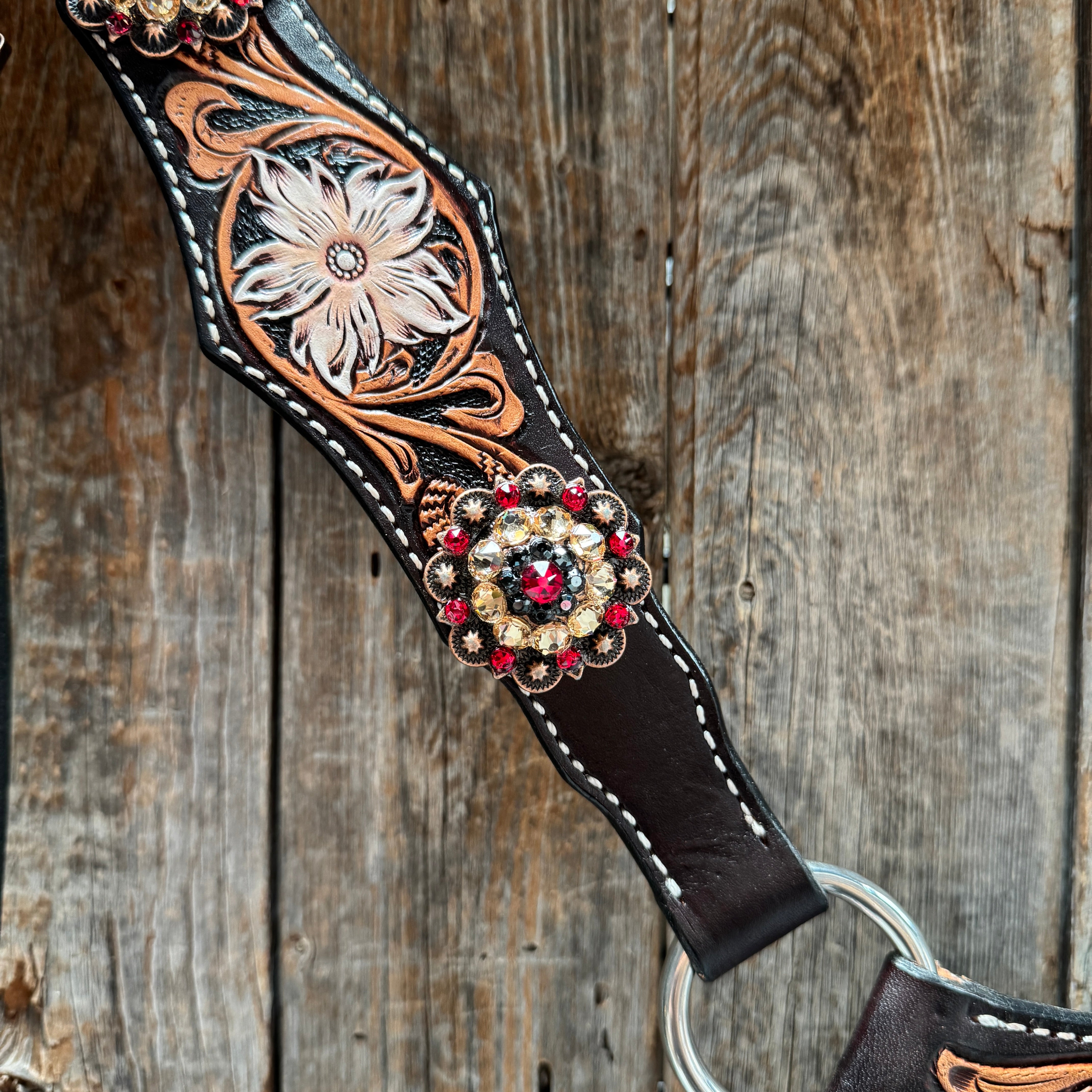 Triple Tone Floral Ruby, Jet and Champagne Browband - Triangle / Gladiator Breastcollar Tack Set #BBBC451
