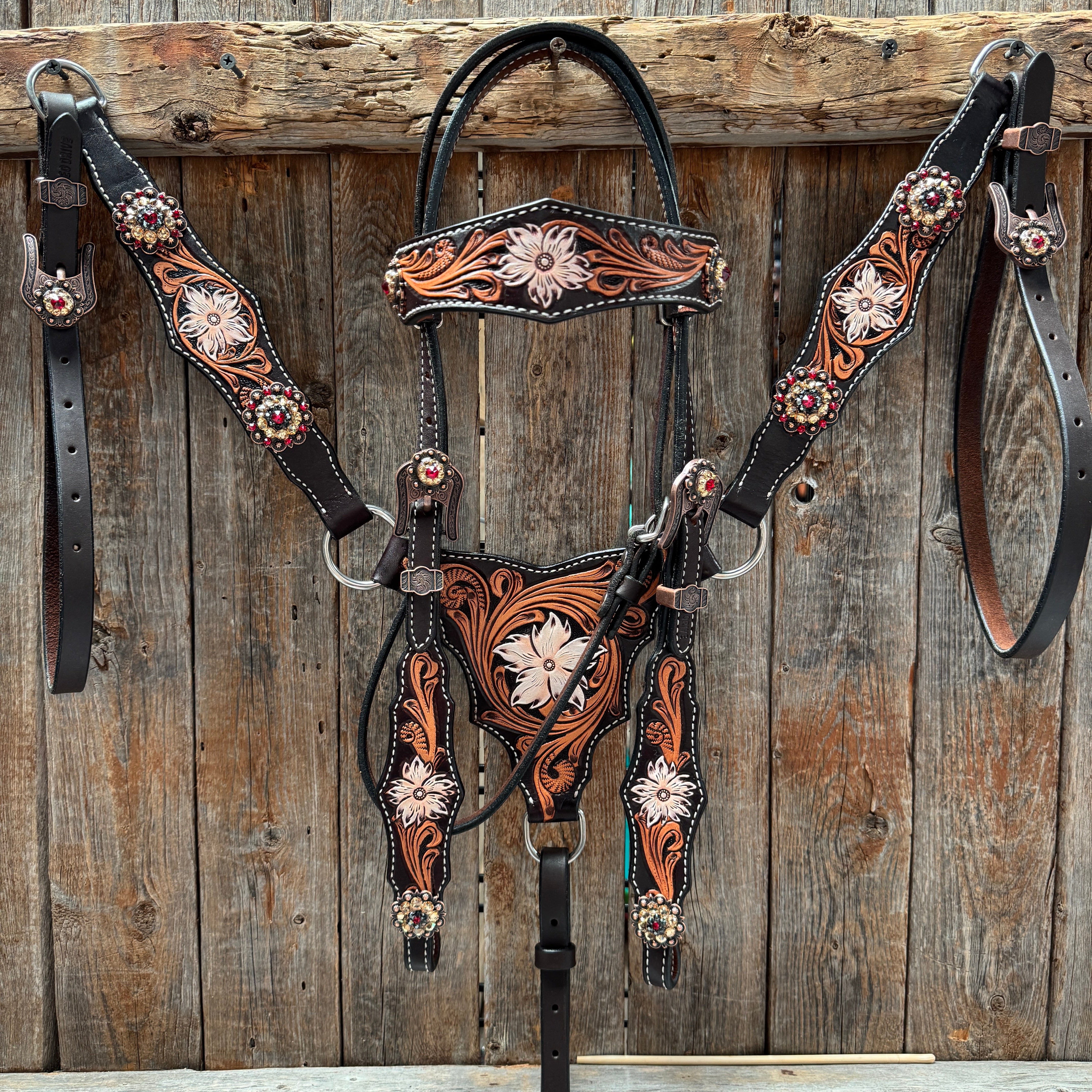 Triple Tone Floral Ruby, Jet and Champagne Browband - Triangle / Gladiator Breastcollar Tack Set #BBBC451