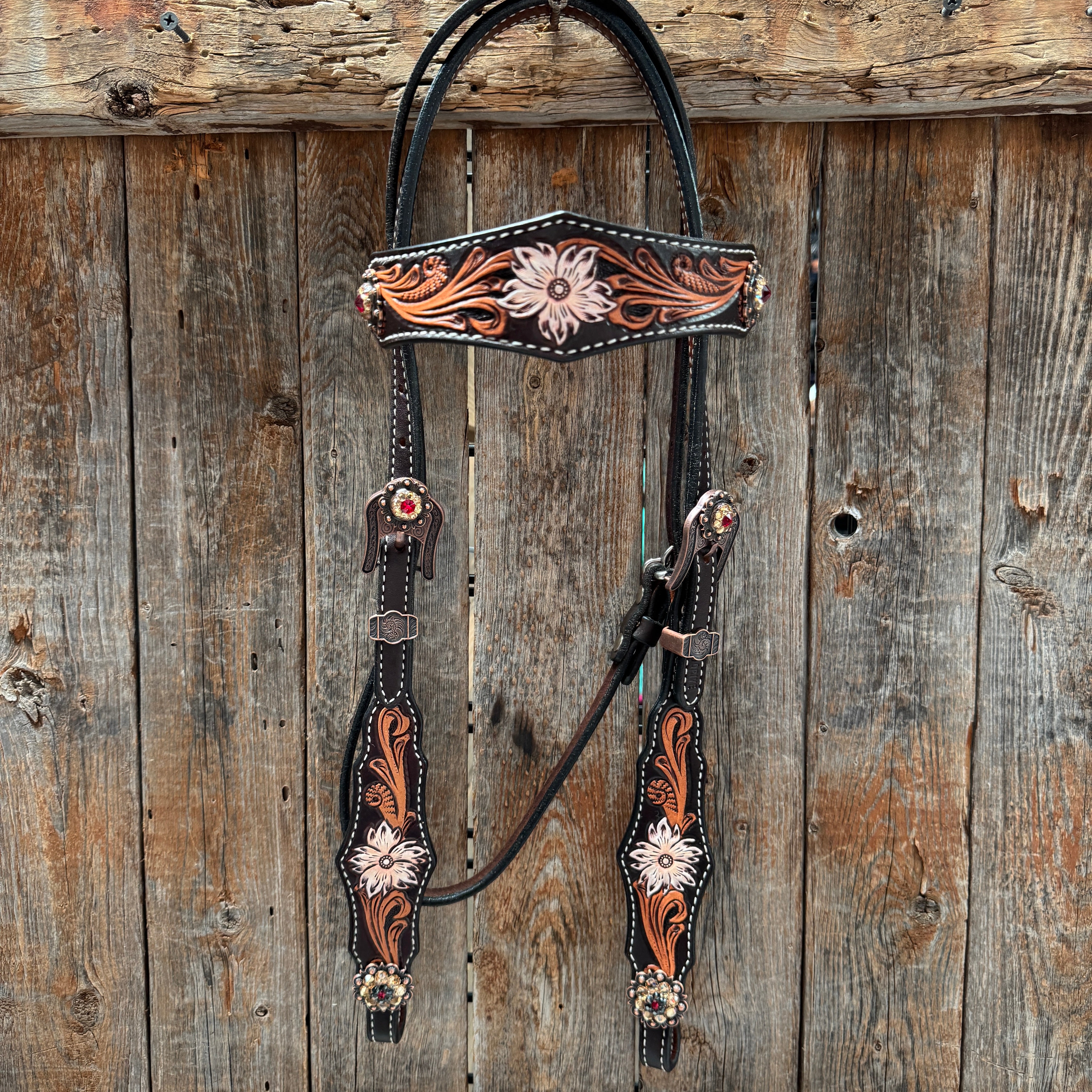 Triple Tone Floral Ruby, Jet and Champagne Browband - Triangle / Gladiator Breastcollar Tack Set #BBBC451