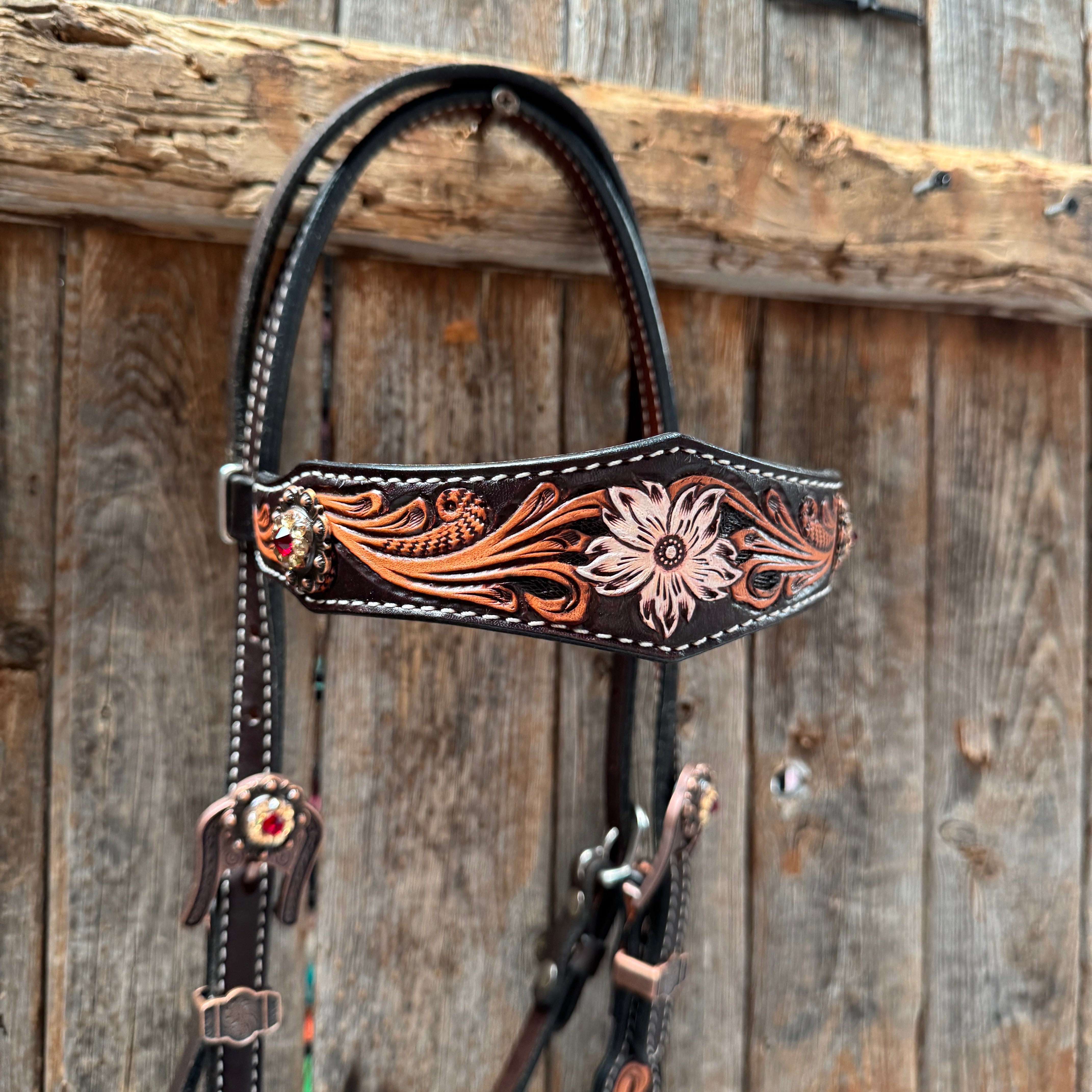 Triple Tone Floral Ruby, Jet and Champagne Browband - Triangle / Gladiator Breastcollar Tack Set #BBBC451