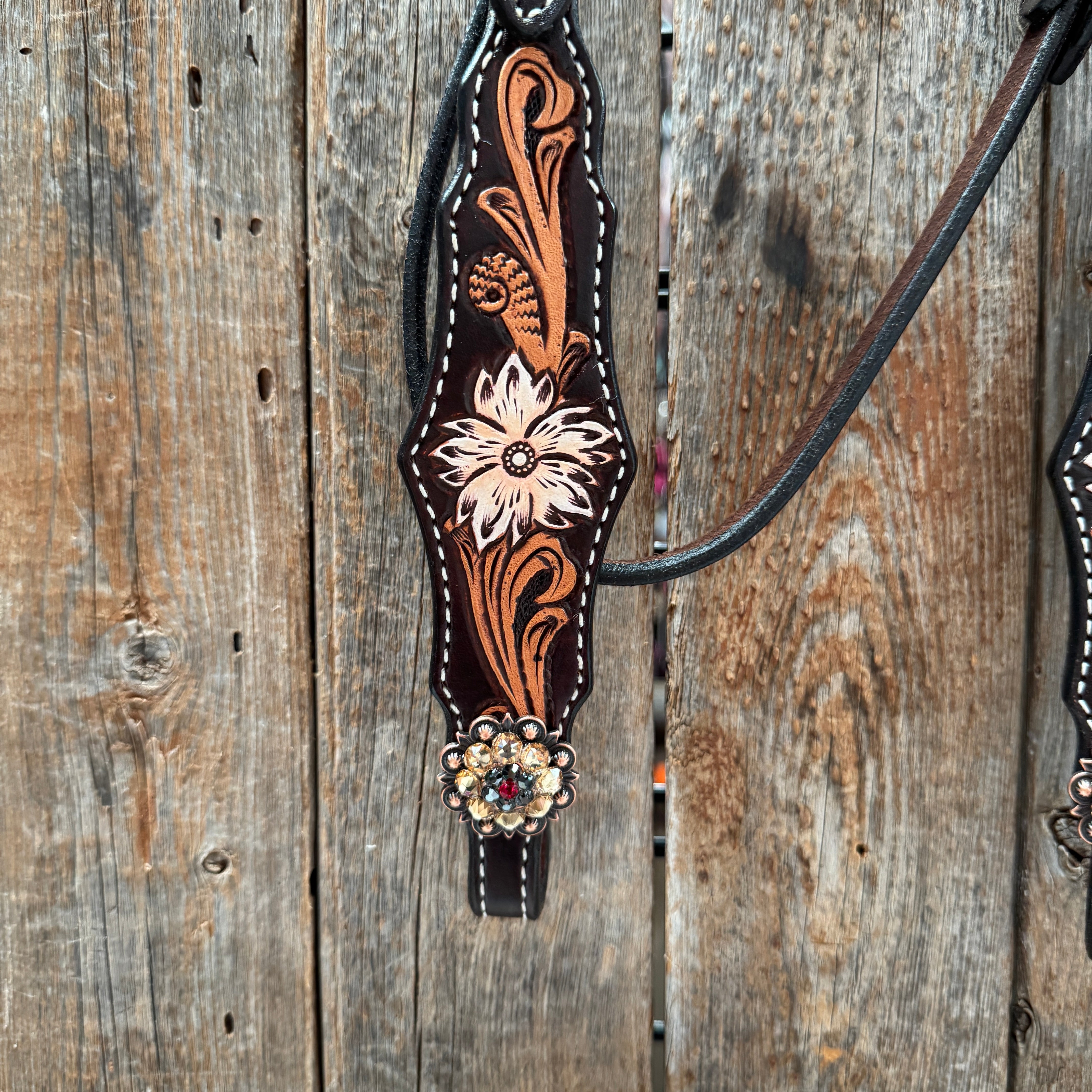 Triple Tone Floral Ruby, Jet and Champagne Browband - Triangle / Gladiator Breastcollar Tack Set #BBBC451