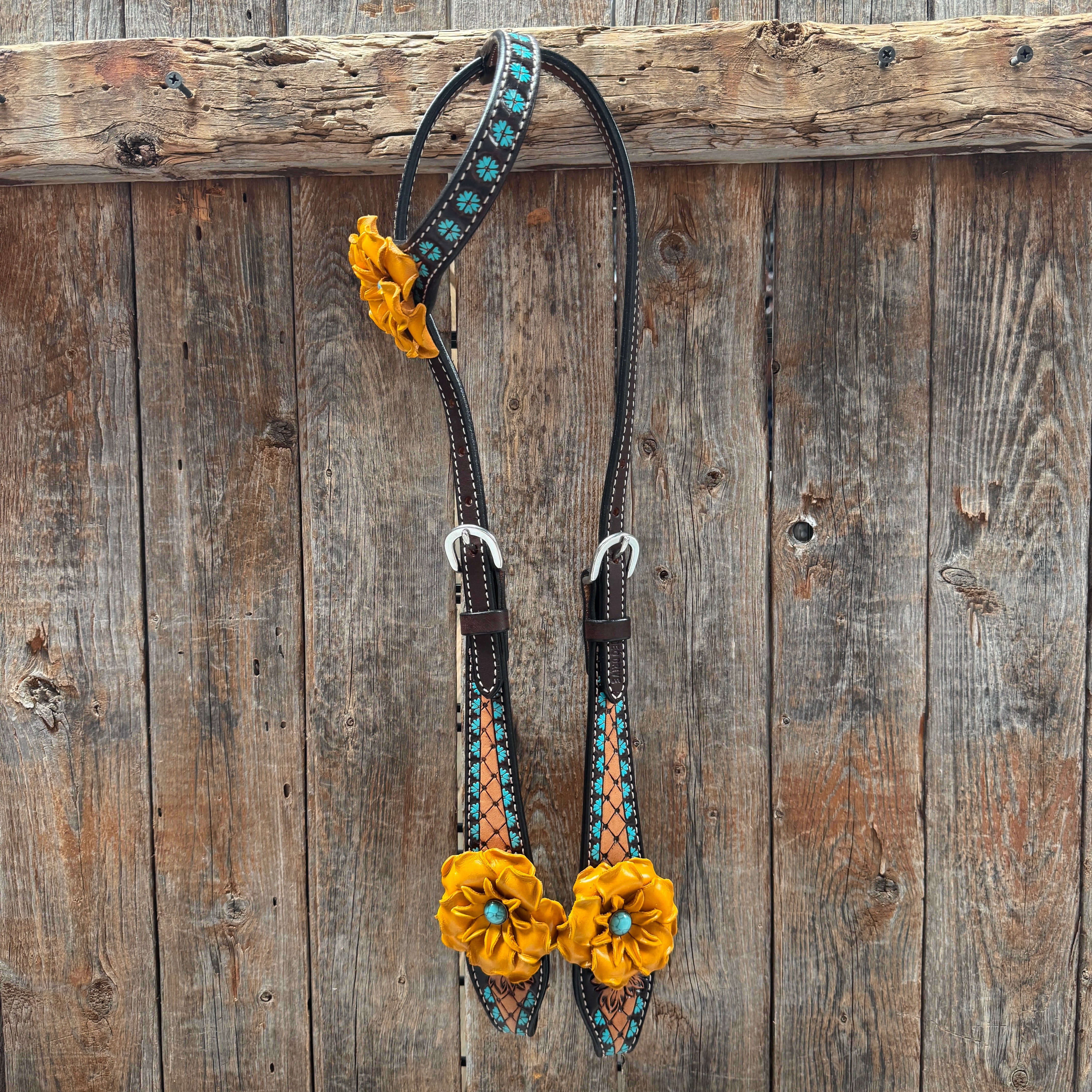 Multi Flower Gardenia & Turquoise One Ear - Breastcollar Tack Set #OEBC455