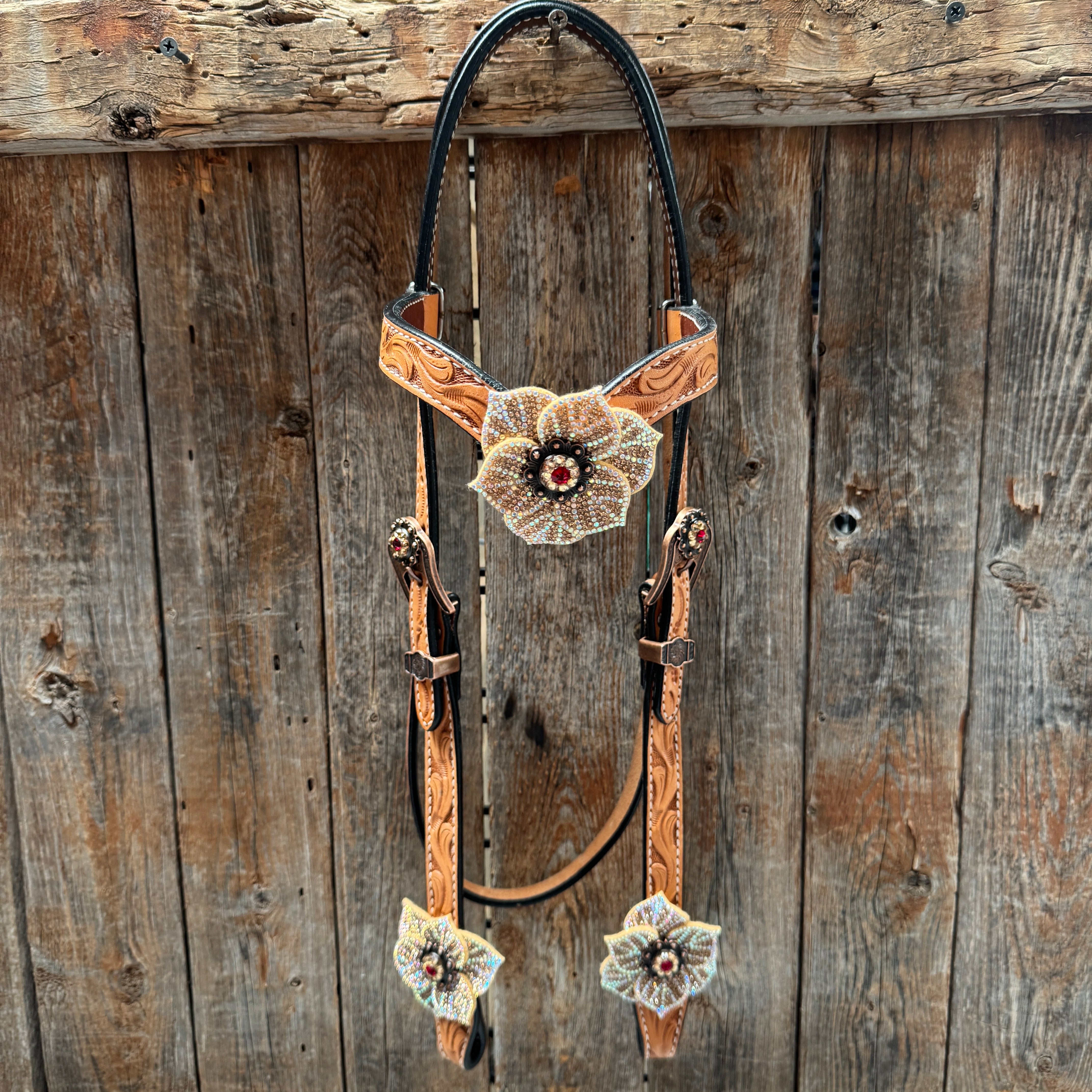 Light Oil Floral Tooled Ruby and Champagne Browband & Breastcollar Tack Set #BBBC461